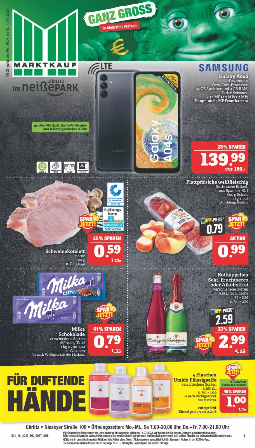 Aktueller Prospekt Marktkauf - Prospekt - von 10.07 bis 15.07.2023 - strona 1 - produkty: aktionspreis, angebot, angebote, bio, deka, ecco, eier, eis, fleisch, frontkamera, frucht, fruchtsecco, kamera, natur, nuss, pfirsich, pfirsiche, plattpfirsiche, reis, rotkäppchen, Schal, Schale, schoko, schokolade, sekt, Ti, uhr, ZTE