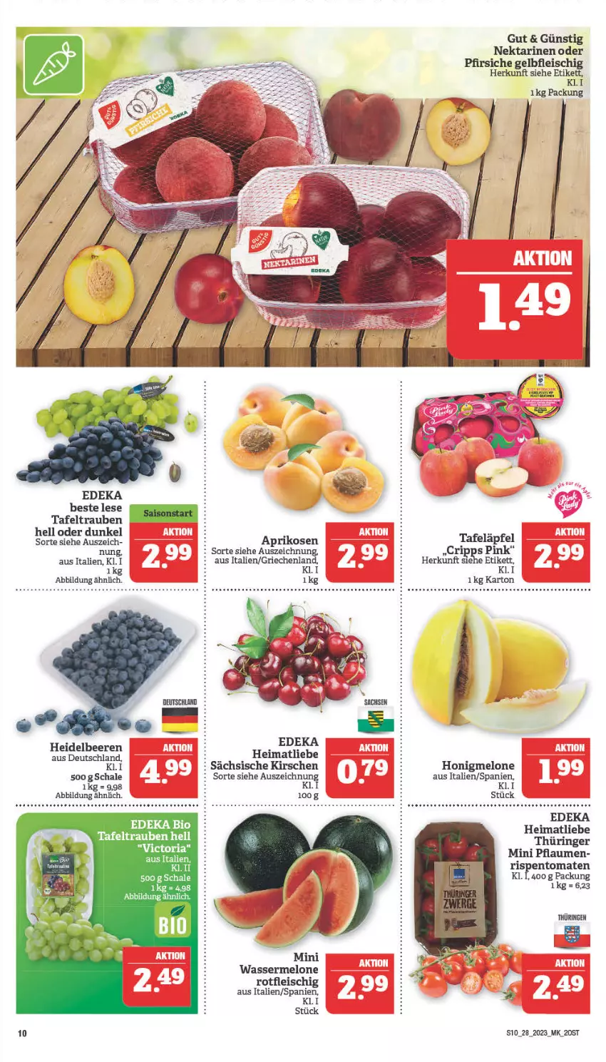 Aktueller Prospekt Marktkauf - Prospekt - von 10.07 bis 15.07.2023 - strona 10 - produkty: aprikose, aprikosen, beere, beeren, bio, deka, edeka bio, eis, fleisch, heidelbeere, heidelbeeren, honig, honigmelone, kirsch, kirsche, kirschen, melone, Nektar, nektarinen, nektarinen oder, oder pfirsiche, pfirsich, pfirsiche, pflaume, pflaumen, ring, rispentomaten, Schal, Schale, tafeläpfel, tafeltrauben, Ti, tomate, tomaten, trauben, wasser, wassermelone