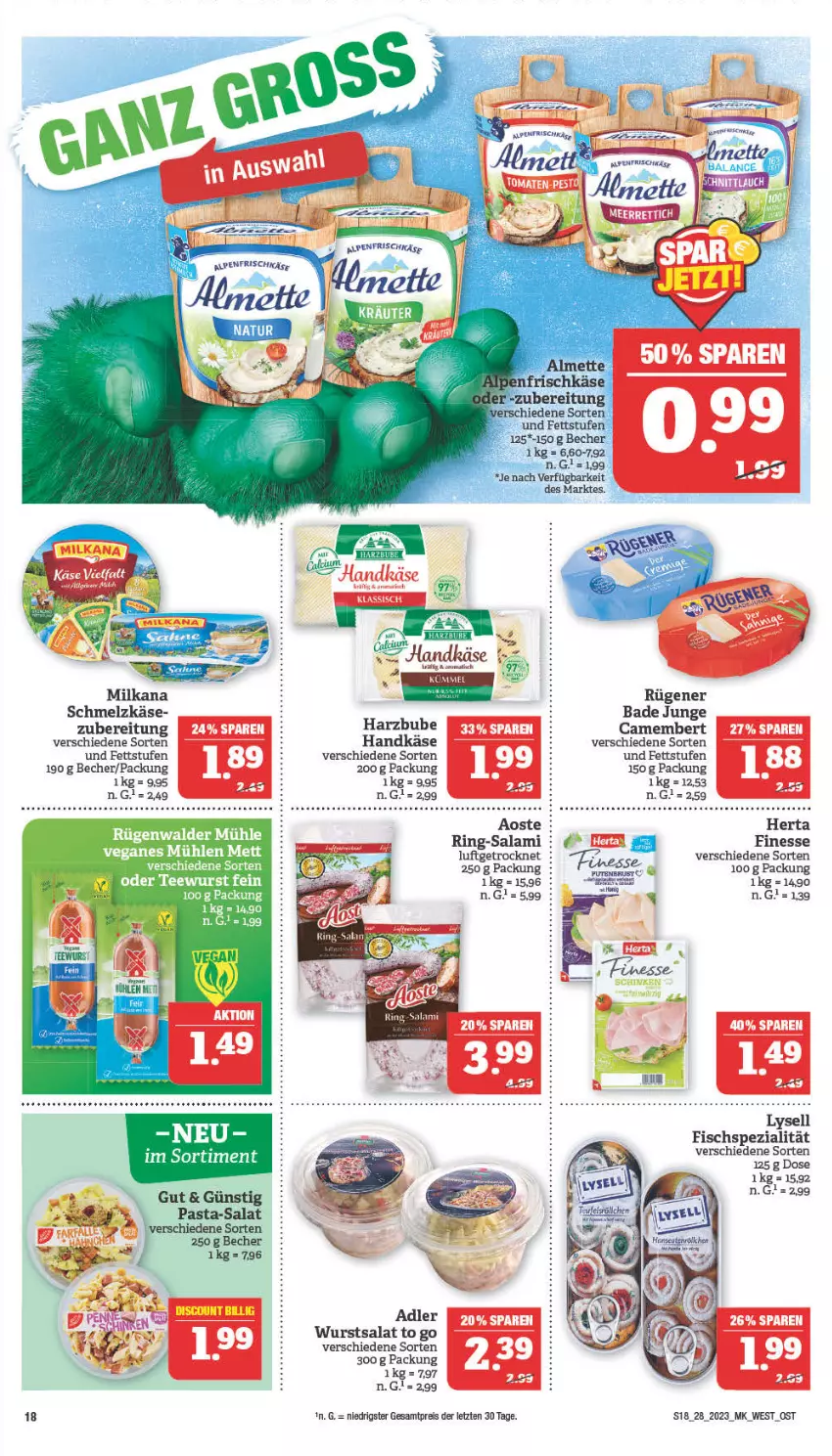 Aktueller Prospekt Marktkauf - Prospekt - von 10.07 bis 15.07.2023 - strona 18 - produkty: Bad, Bade Junge, Becher, camembert, eis, finesse, fisch, herta, Käse, kräuter, lysell, Mett, milka, milkana, ndk, pasta, reis, ring, Rügener, rügenwalder, rügenwalder mühle, salami, salat, Schmelzkäse, Spezi, tee, teewurst, Ti, wurst, ZTE