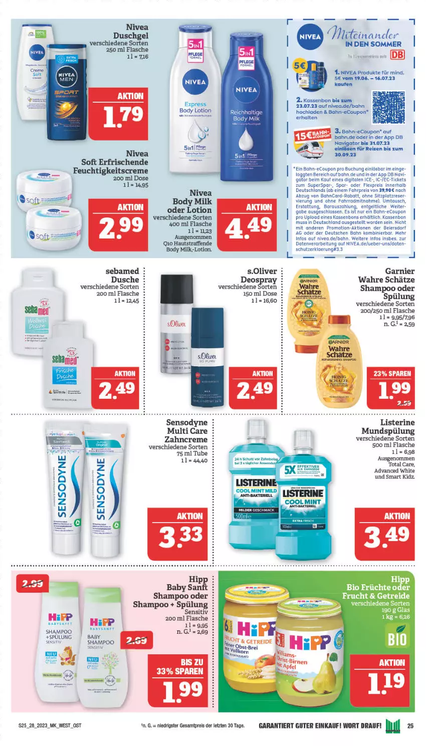 Aktueller Prospekt Marktkauf - Prospekt - von 10.07 bis 15.07.2023 - strona 25 - produkty: bio, body, body lotion, body milk, buch, coupon, creme, deo, deospray, dusche, duschgel, eier, eis, Fahrrad, feuchtigkeitscreme, flasche, frucht, früchte, garnier, hipp, listerine, Lotion, Maus, mundspülung, nivea, olive, reis, roba, s.oliver, sebamed, sensodyne, shampoo, spülung, Ti, total care, Wahre Schätze, Yo, zahncreme, ZTE