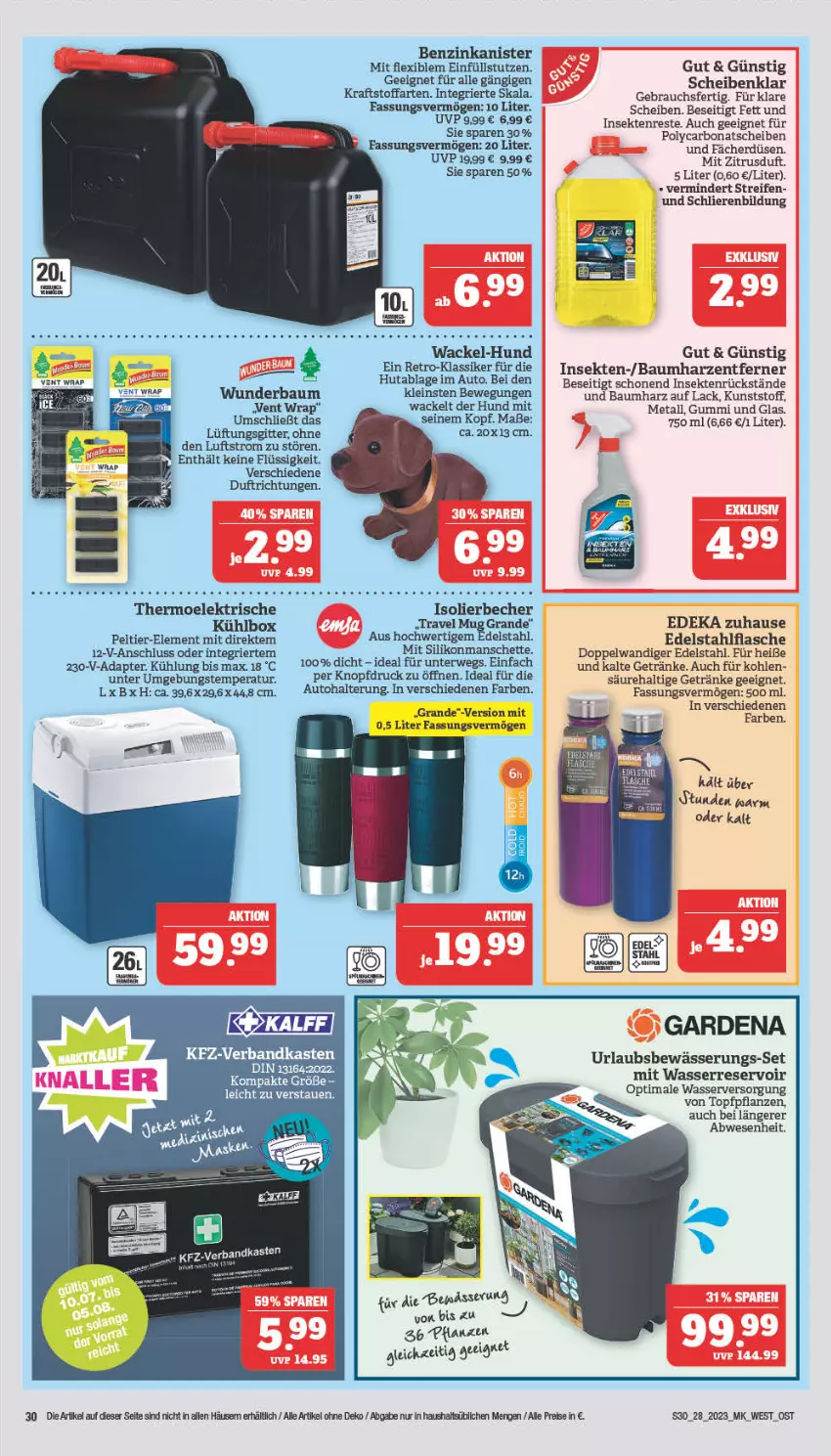 Aktueller Prospekt Marktkauf - Prospekt - von 10.07 bis 15.07.2023 - strona 30 - produkty: adapter, auto, Bau, Becher, benzinkanister, Bona, deka, edelstahl, eis, flasche, gardena, getränk, getränke, isolierbecher, kfz-verbandkasten, kraft, kühlbox, lack, Lüftungsgitter, ndk, pflanze, pflanzen, Rauch, reifen, reis, rwe, sekt, Ti, topf, travel mug, Verbandkasten, wasser, wrap