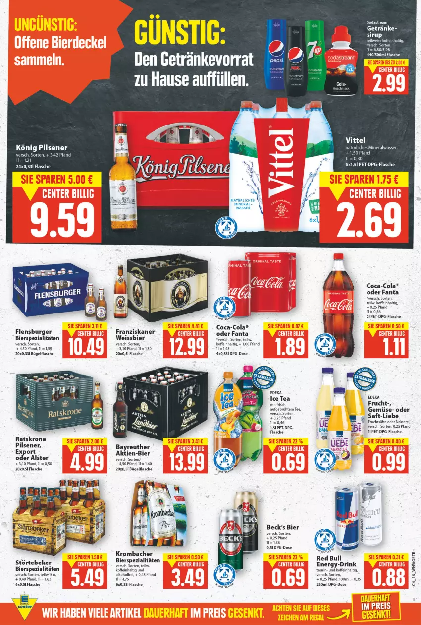 Aktueller Prospekt E Center - Angebote der Woche - von 24.01 bis 29.01.2022 - strona 15 - produkty: alkohol, Alwa, bier, bierspezialitäten, bio, bügel, bügelflasche, burger, coca-cola, cola, deka, drink, eis, fanta, flasche, flensburger, franziskaner, frucht, fruchtsäfte, getränk, getränke, ice tea, könig pilsener, krombache, krombacher, krone, LG, mac, mineralwasser, natürliches mineralwasser, Nektar, pils, pilsener, red bull, saft, säfte, Soda, sodastream, Spezi, störtebeker, tee, Ti, wasser, weissbier