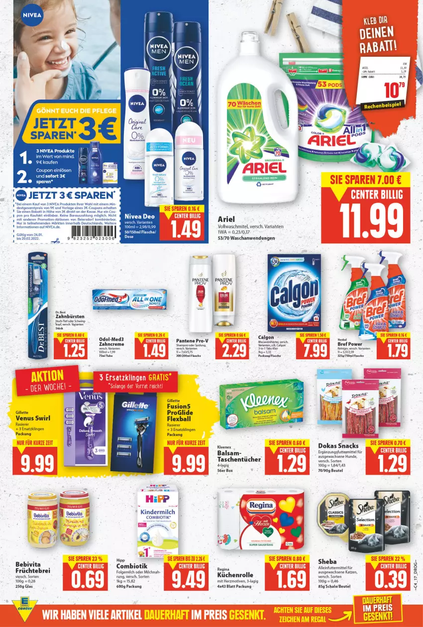 Aktueller Prospekt E Center - Angebote der Woche - von 24.01 bis 29.01.2022 - strona 16 - produkty: alleinfuttermittel, ariel, ball, balsam, bebivita, beutel, bio, Bref, bref power, Brei, bürste, bürsten, calgon, coupon, coupons, creme, deo, Dr. Best, eier, eis, flasche, folgemilch, früchte, fusion5, gillette, gillette venus, gin, henkel, hipp, küche, Küchen, küchenrolle, LG, milch, Nike, nivea, Odol, pantene, pantene pro-v, pro-v, rasierer, reiniger, reis, Ria, Schal, Schale, shampoo, sheba, snack, snacks, spülung, swirl, Tasche, taschen, taschentücher, Ti, tücher, venus, vita, Vita C, wasser, wasserenthärter, zahnbürste, zahnbürsten, zahncreme