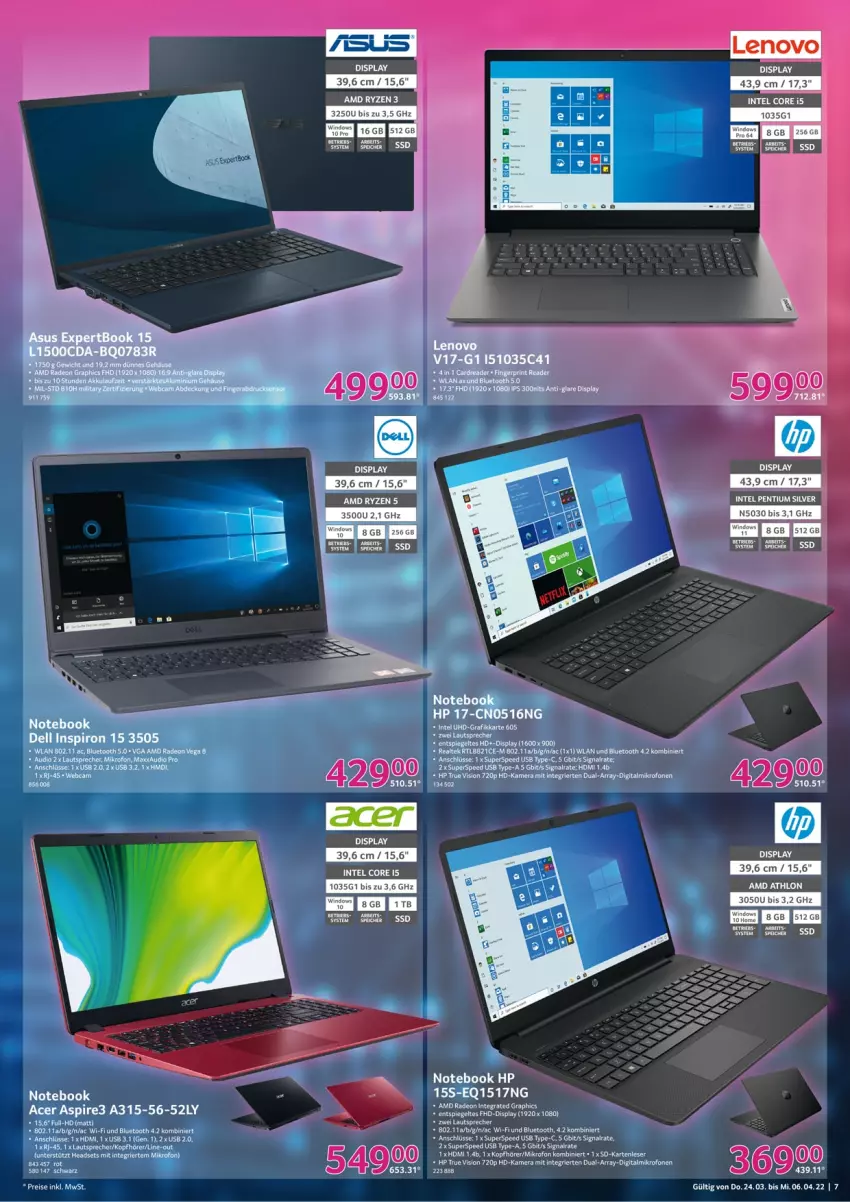 Aktueller Prospekt Selgros - Technik - von 24.03 bis 06.04.2022 - strona 7 - produkty: acer, AMD Radeon, bio, deo, eis, HDMI, Headset, HP, Intel, kamera, kopfhörer, lautsprecher, notebook, radeon, reis, ryzen, Signal, spee, spiegel, ssd, tee, Ti, usb