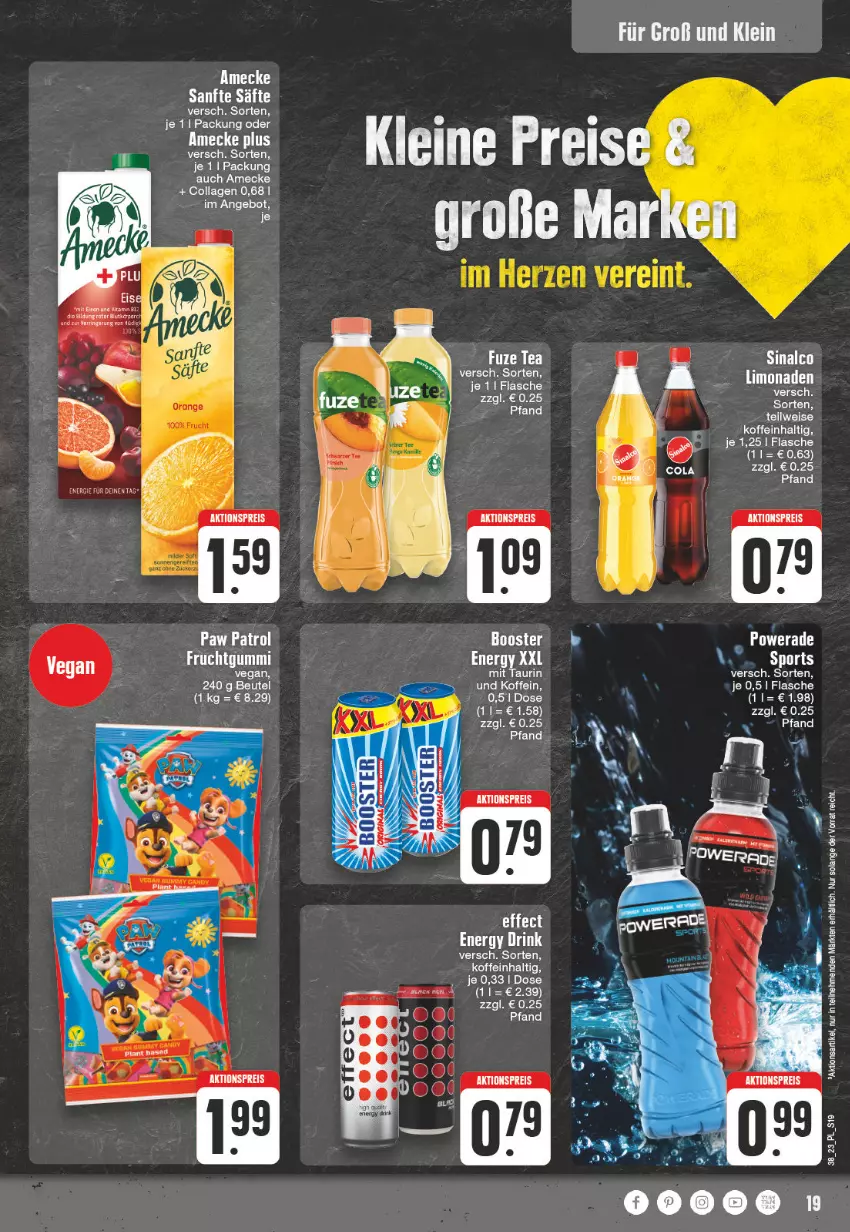 Aktueller Prospekt Edeka - Angebote der Woche - von 18.09 bis 23.09.2023 - strona 19 - produkty: aktionspreis, amecke, angebot, beutel, Collagen, drink, eis, energy drink, flasche, frucht, fruchtgummi, leine, limo, limonade, limonaden, orange, reis, säfte, sinalco, Sport, Ti