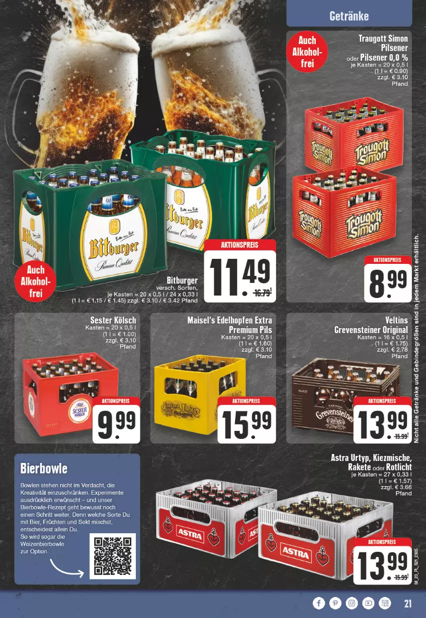 Aktueller Prospekt Edeka - Angebote der Woche - von 18.09 bis 23.09.2023 - strona 21 - produkty: aktionspreis, alkohol, Astra, bier, bowle, eis, ente, früchte, früchten, getränk, getränke, gin, grevensteiner, mais, reis, rezept, sekt, sim, steiner, Ti, urtyp, veltins