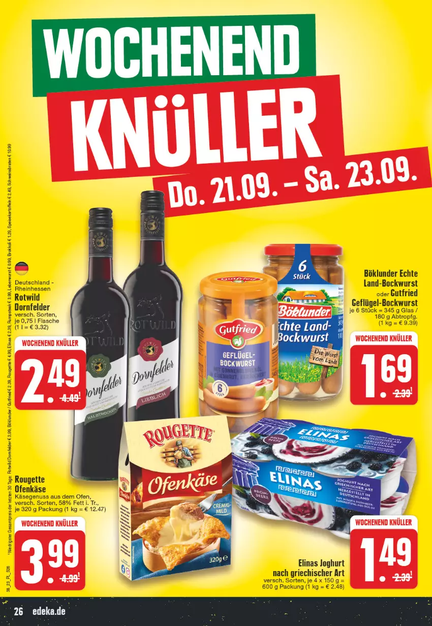 Aktueller Prospekt Edeka - Angebote der Woche - von 18.09 bis 23.09.2023 - strona 26 - produkty: bockwurst, böklunder, braten, brokkoli, deka, dornfelder, eis, elinas, elinas joghurt, flasche, Geflügel, gutfried, joghur, joghurt, joghurt nach, kartoffel, kartoffeln, Käse, leberwurst, nuss, Ofen, Ofenkäse, reis, rouge, rougette, rum, rumpsteak, schwein, speisekartoffeln, steak, wein, Wild, wurst, ZTE