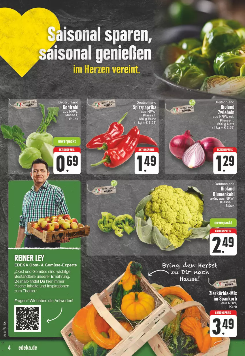 Aktueller Prospekt Edeka - Angebote der Woche - von 18.09 bis 23.09.2023 - strona 4 - produkty: aktionspreis, bio, bioland, blume, blumen, blumenkohl, deka, eis, korb, obst, Obst und Gemüse, paprika, reis, ring, Spitzpaprika, Ti, und gemüse