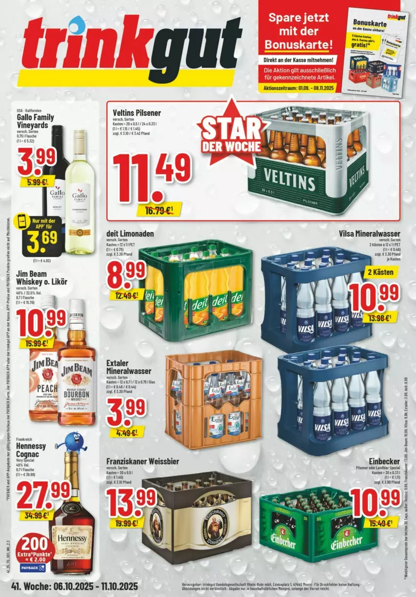 Aktueller Prospekt Trinkgut - Prospekte - von 05.10 bis 11.10.2025 - strona 1 - produkty: Alwa, angebot, angebote, bier, Cognac, deit, eis, Extaler, franziskaner, gallo, gallo family, jim beam, K2, likör, limo, limonade, limonaden, mineralwasser, payback, pils, pilsener, reifen, reis, Spezi, Ti, veltins, vilsa, wasser, weissbier, whiskey, ZTE