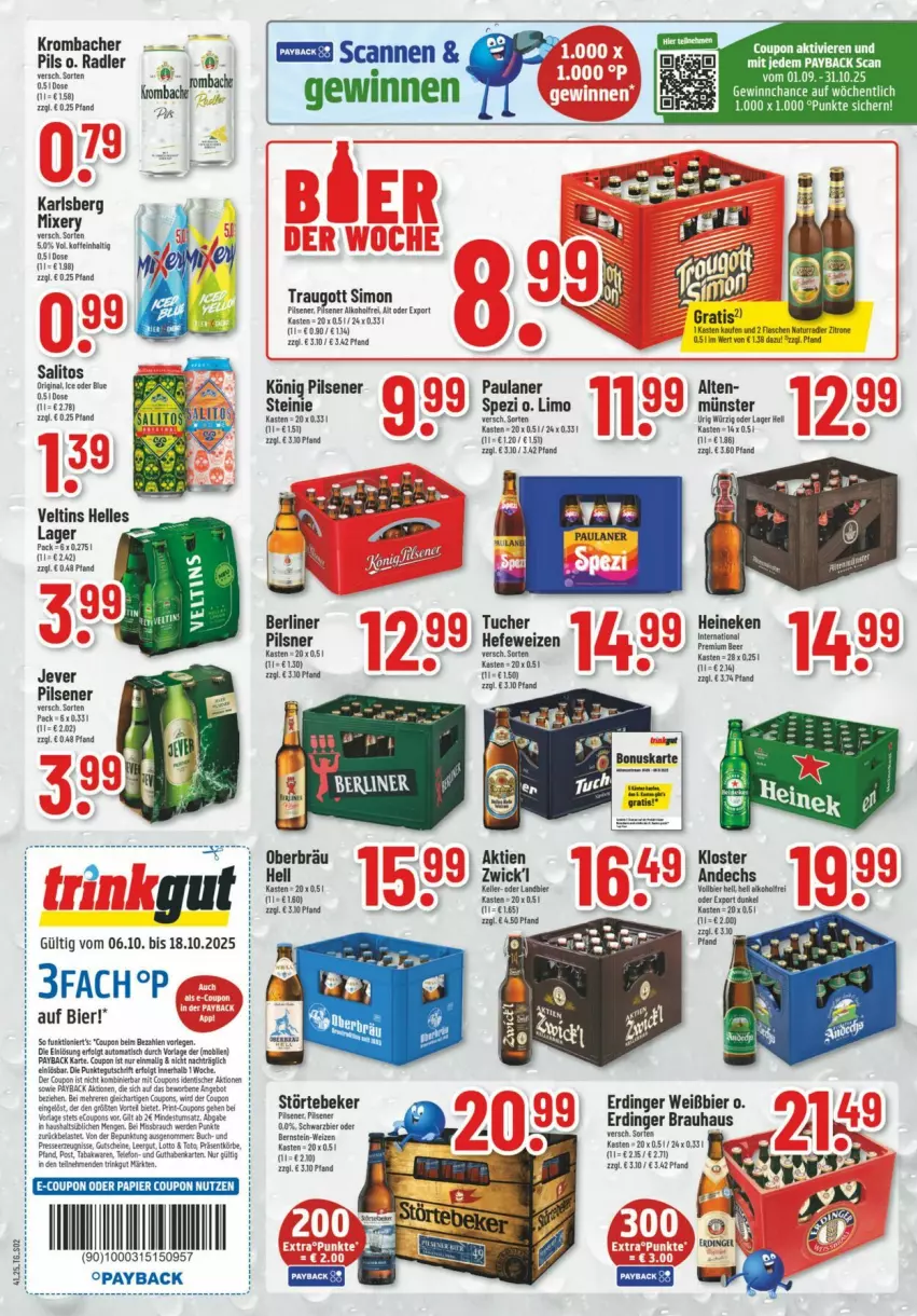 Aktueller Prospekt Trinkgut - Prospekte - von 05.10 bis 11.10.2025 - strona 2 - produkty: berliner, bier, coupon, erdinger, gin, Hefe, hefeweizen, heineken, jever, jever pilsener, karlsberg, karlsberg mixery, könig pilsener, krombache, krombacher, limo, Mixer, mixery, Paula, paulaner, payback, pils, pilsener, pilsner, radler, sim, Spezi, tee, Ti, tuc, Tucher