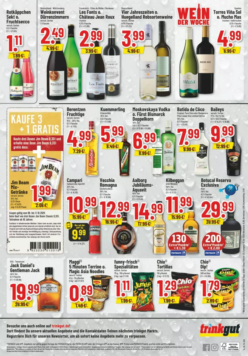 Aktueller Prospekt Trinkgut - Prospekte - von 05.10 bis 11.10.2025 - strona 6 - produkty: Aalborg, angebot, angebote, aqua, aquavit, baileys, batida, berentzen, bismarck, campari, chia, coupon, dip, doppelkorn, ecco, elle, fisch, fische, flasche, frucht, fruchtsecco, jack daniel, jack daniel's, jim beam, Jubiläums, kilbeggan, korn, kuemmerling, LG, merl, moskovskaya, rebsortenweine, rotkäppchen, rum, sekt, Spezi, terrine, Ti, tuc, vodka, wein, weine