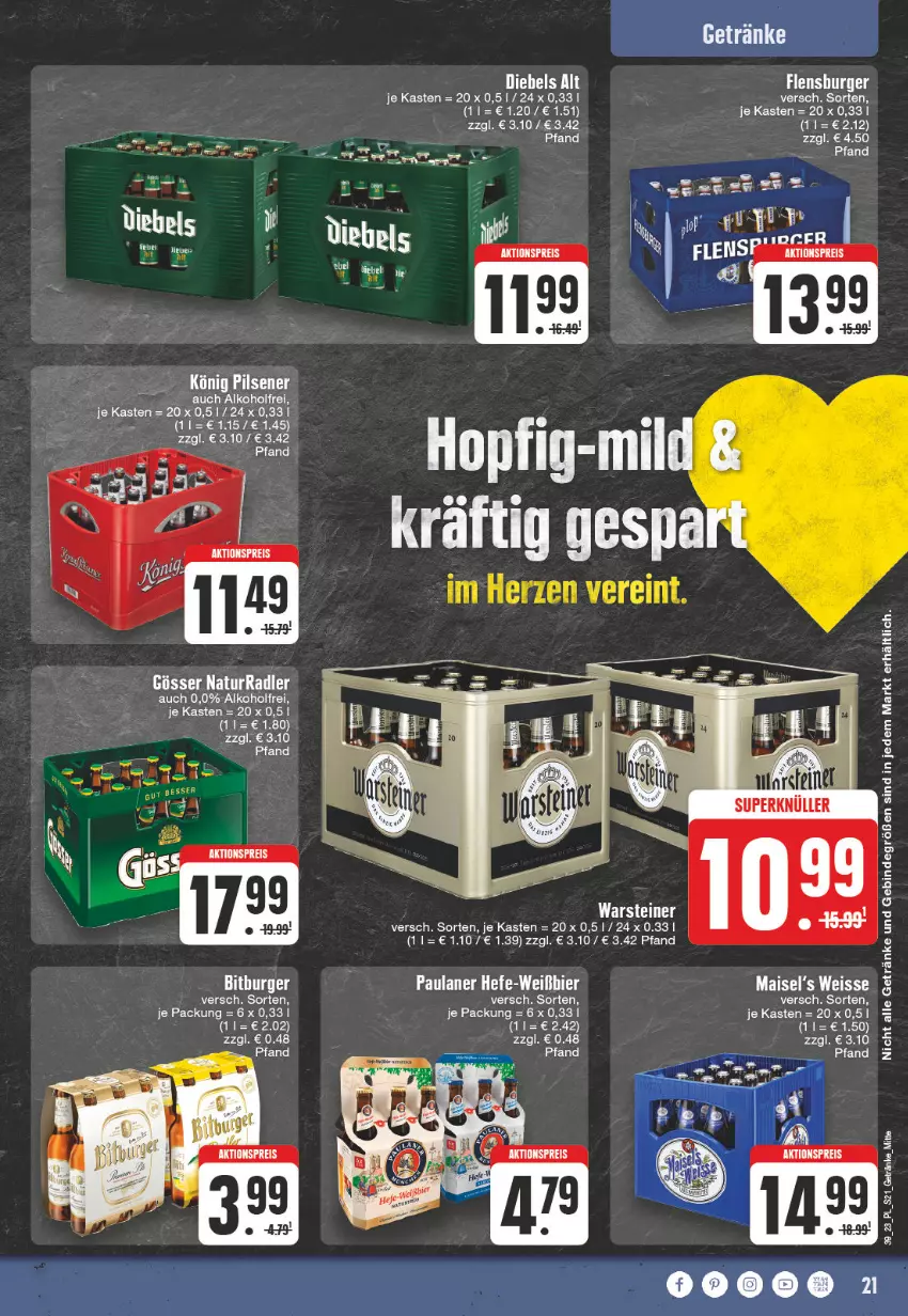 Aktueller Prospekt E Center - Angebote der Woche - von 25.09 bis 30.09.2023 - strona 21 - produkty: aktionspreis, alkohol, bier, bitburger, burger, eis, getränk, getränke, Hefe, Paula, paulaner, reis, rum, steiner, tee, Ti, warsteiner