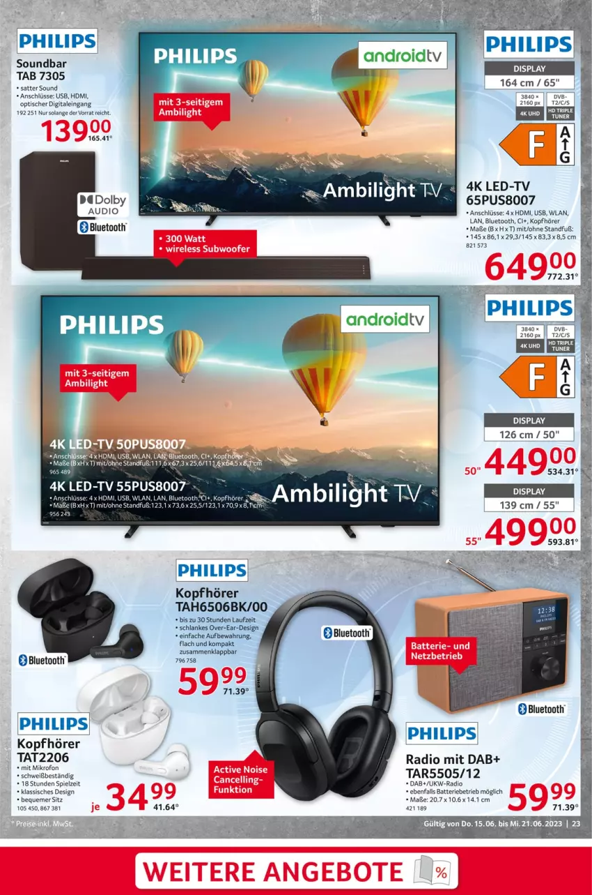 Aktueller Prospekt Selgros - Nonfood - von 15.06 bis 21.06.2023 - strona 23 - produkty: batterie, dvb, hd triple tuner, HDMI, kopfhörer, Philips, Radio, soundbar, Ti, tisch, tuner, usb