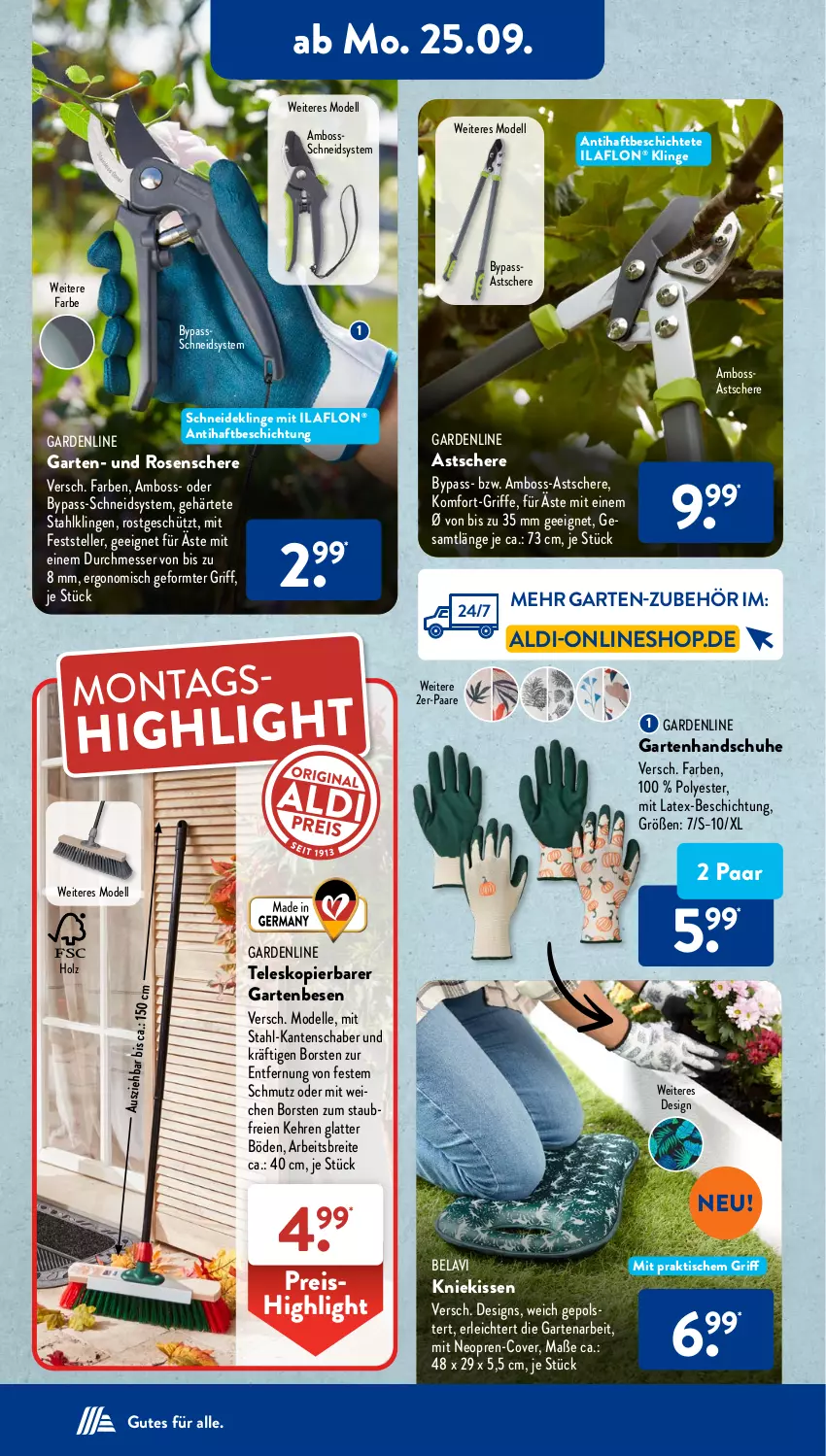 Aktueller Prospekt AldiSud - NÄCHSTE WOCHE - von 25.09 bis 30.09.2023 - strona 14 - produkty: aldi, boss, Brei, dell, eis, elle, Garten, handschuhe, Holz, kissen, Kniekissen, latte, messer, Mode, reis, rosen, Schere, schuhe, Teleskop, teller, Ti, tisch