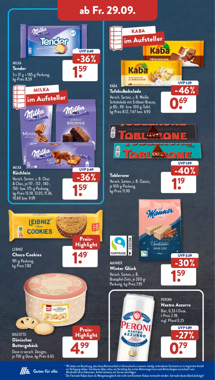 Aktueller Prospekt AldiSud - NÄCHSTE WOCHE - von 25.09 bis 30.09.2023 - strona 33 - produkty: alle artikel ohne dekoration, apfel, bier, biscotto, brause, butter, cookie, cookies, dekoration, eis, elle, erde, gin, kakao, leibniz, Manner, milka, Peroni, reis, schoko, schokolade, tafelschokolade, teller, tender, Ti, toblerone, Weiße Schokolade, ZTE