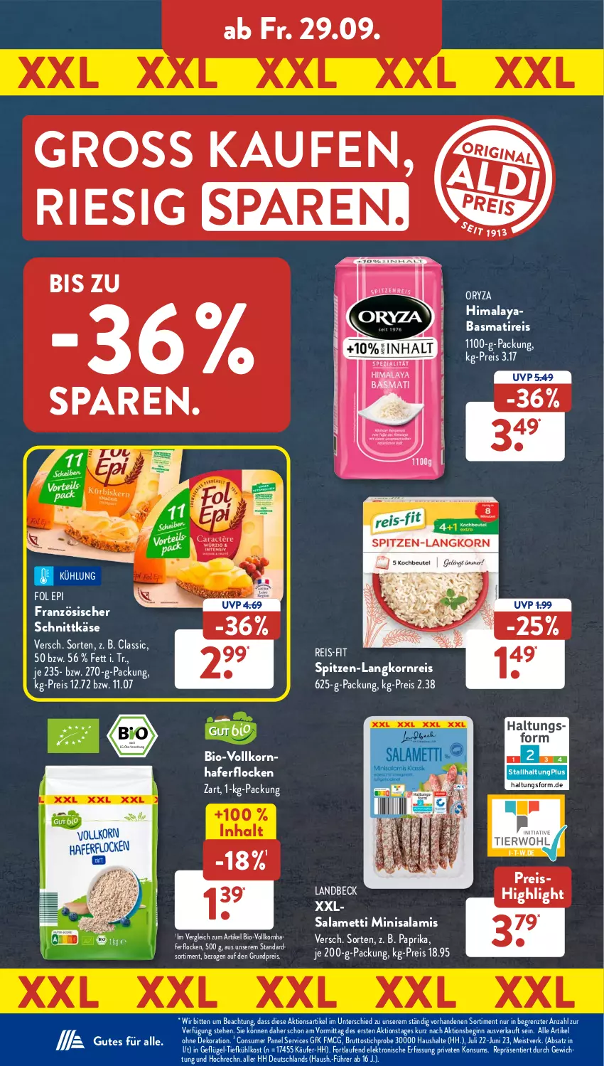 Aktueller Prospekt AldiSud - NÄCHSTE WOCHE - von 25.09 bis 30.09.2023 - strona 35 - produkty: alle artikel ohne dekoration, basmati, bio, brut, dekoration, eis, Elektro, fol epi, Geflügel, gin, hafer, haferflocken, HP, Käse, korn, Langkornreis, Laufen, Mett, oryza, paprika, reis, reis-fit, salami, schnittkäse, spitzen-langkorn, Ti, tiefkühlkost, ZTE