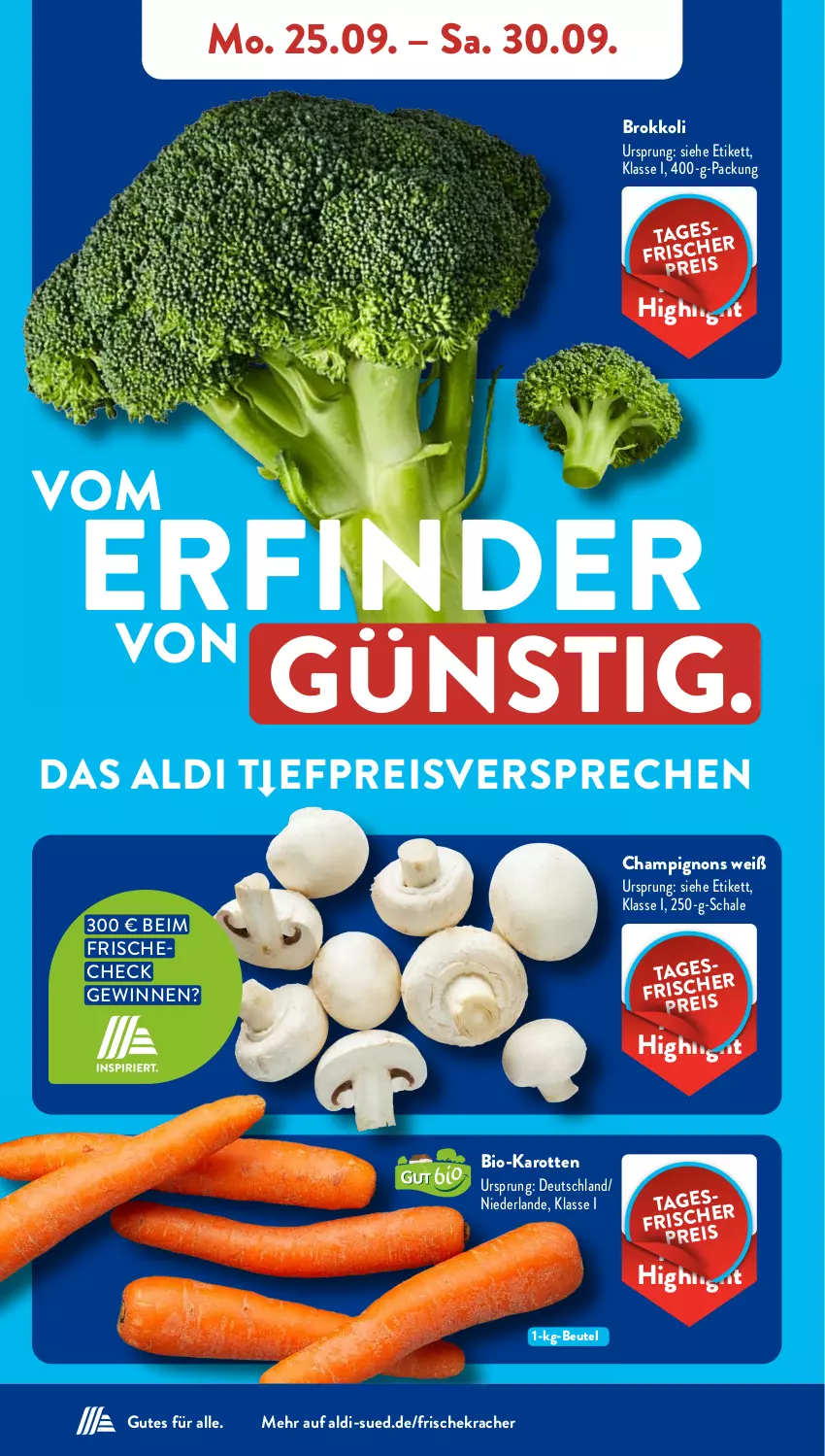 Aktueller Prospekt AldiSud - NÄCHSTE WOCHE - von 25.09 bis 30.09.2023 - strona 4 - produkty: aldi, beutel, bio, bio-karotten, brokkoli, champignon, champignons, eis, karotten, kracher, reis, Schal, Schale, Ti