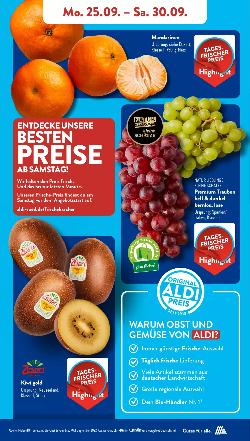 Aktueller Prospekt AldiSud - NÄCHSTE WOCHE - von 25.09 bis 30.09.2023 - strona 5 - produkty: aldi, angebot, asti, bio, Bio-Obst, decke, eis, Elan, elle, kiwi, Kiwi Gold, kracher, leine, mandarine, mandarinen, natur, obst, Obst und Gemüse, reis, rum, Ti, trauben, und gemüse, ZTE