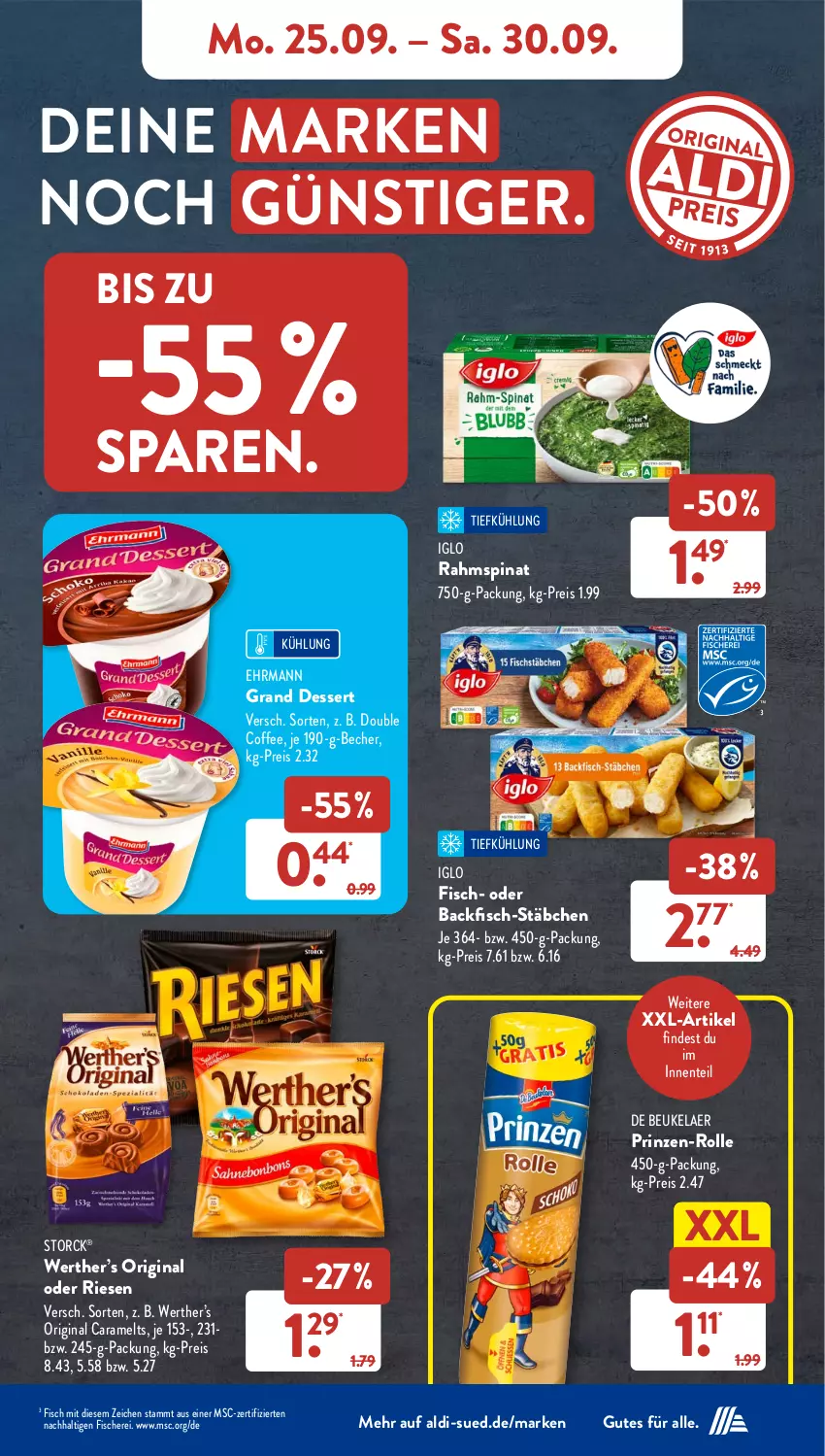 Aktueller Prospekt AldiSud - NÄCHSTE WOCHE - von 25.09 bis 30.09.2023 - strona 7 - produkty: aldi, backfisch, Becher, caramel, de beukelaer, dessert, ehrmann, Ehrmann Grand Dessert, eis, ente, fisch, fische, Fischer, gin, iglo, reis, Schere, spinat, storck, Ti