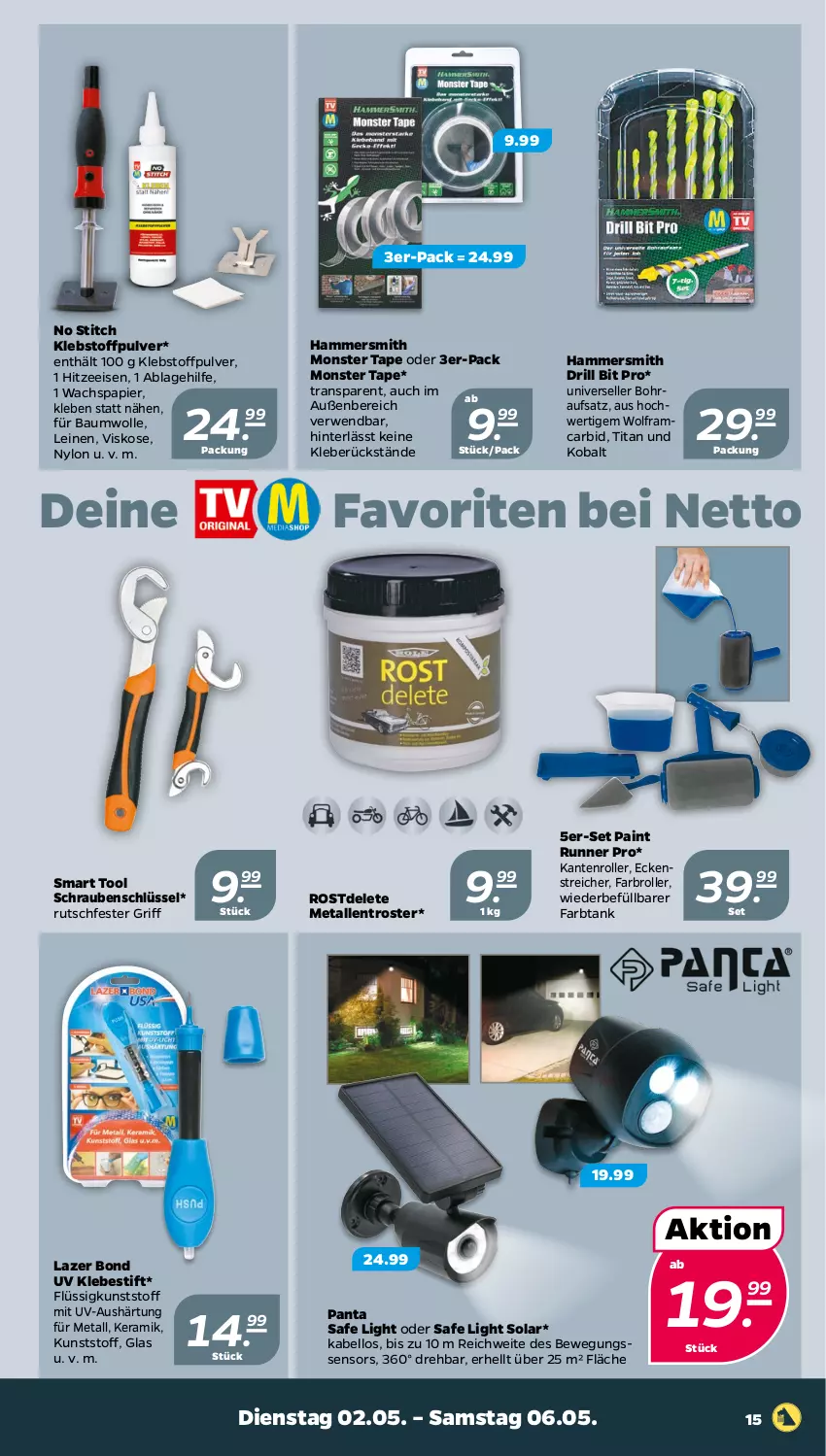 Aktueller Prospekt Netto - Woche 18 - von 02.05 bis 06.05.2023 - strona 15 - produkty: Bau, baumwolle, Bewegungssensor, eis, elle, Farbroller, kleber, leine, monster, papier, Roller, rwe, schrauben, Ti, wolle