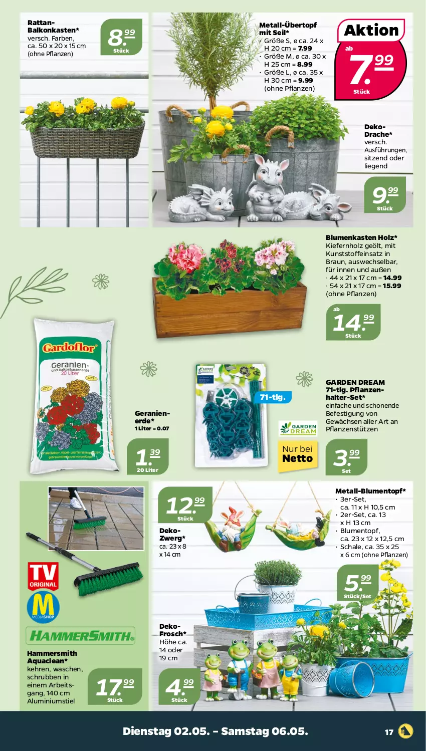 Aktueller Prospekt Netto - Woche 18 - von 02.05 bis 06.05.2023 - strona 17 - produkty: aqua, blume, blumen, braun, erde, Frosch, geranie, geranien, Geranienerde, Holz, LG, Liege, pflanze, pflanzen, Schal, Schale, Ti, topf, übertopf