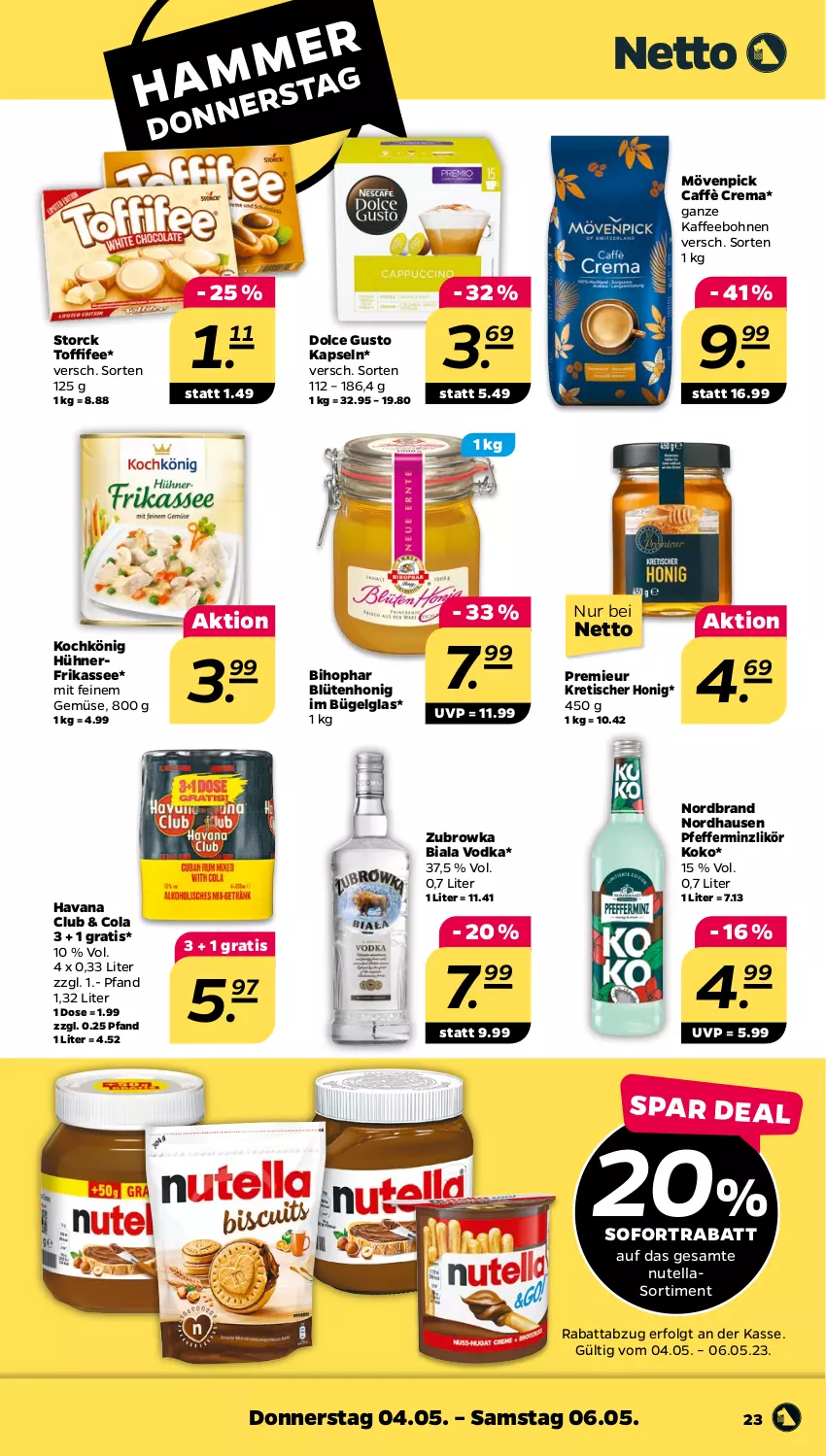 Aktueller Prospekt Netto - Woche 18 - von 02.05 bis 06.05.2023 - strona 23 - produkty: bihophar, Blüte, blütenhonig, bohne, bohnen, bügel, caffè crema, cola, dolce gusto, Havana Club, honig, hühner, kaffee, kaffeebohnen, LG, likör, mövenpick, nerf, nordbrand, nutella, pfeffer, pfefferminzlikör, sofortrabatt, storck, Ti, tisch, toffifee, vodka