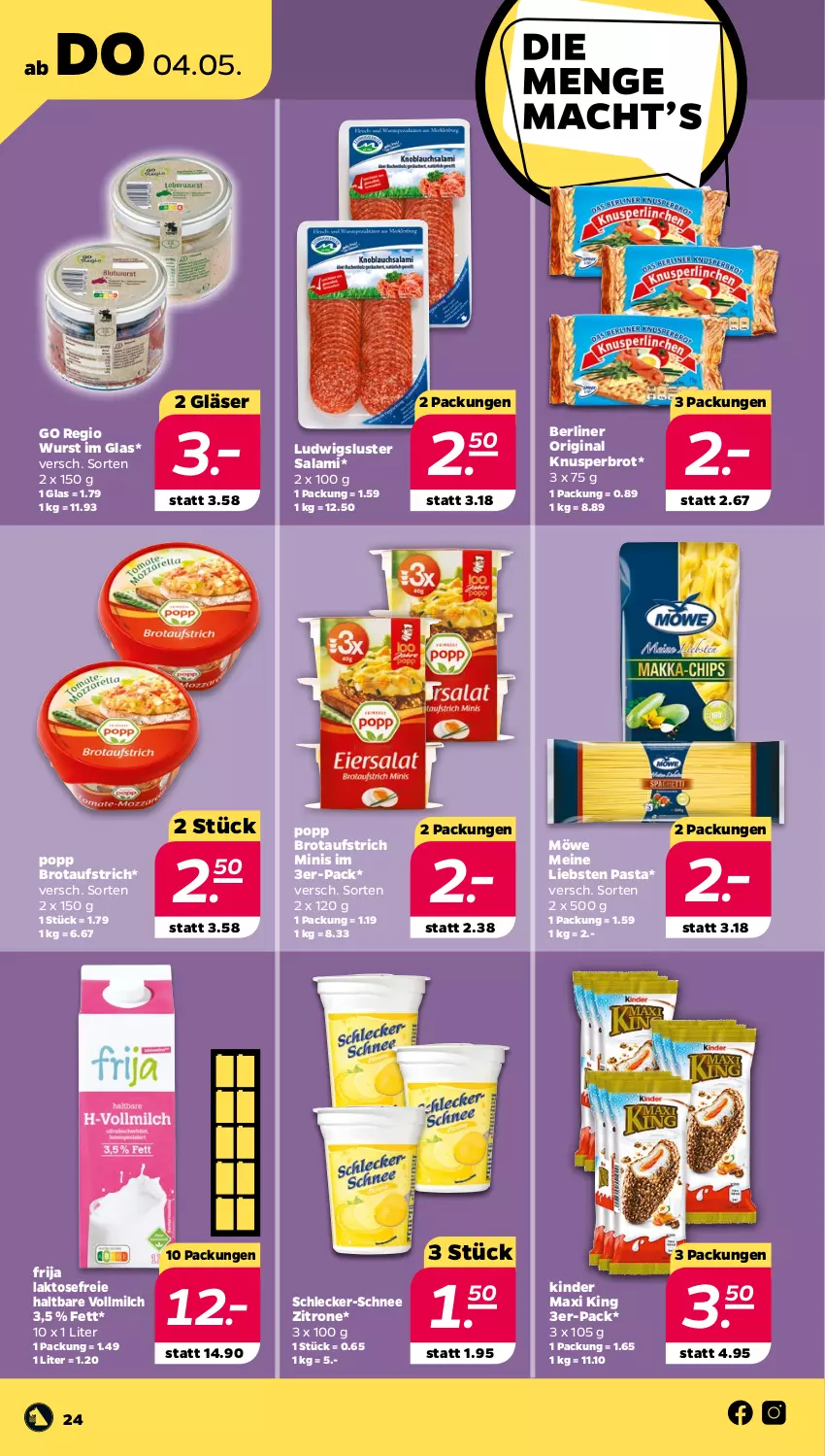 Aktueller Prospekt Netto - Woche 18 - von 02.05 bis 06.05.2023 - strona 24 - produkty: aufstrich, berliner, brot, brotaufstrich, gin, Gläser, Kinder, Kinder Maxi, kinder maxi king, milch, pasta, Popp, salami, vollmilch, wurst, zitrone