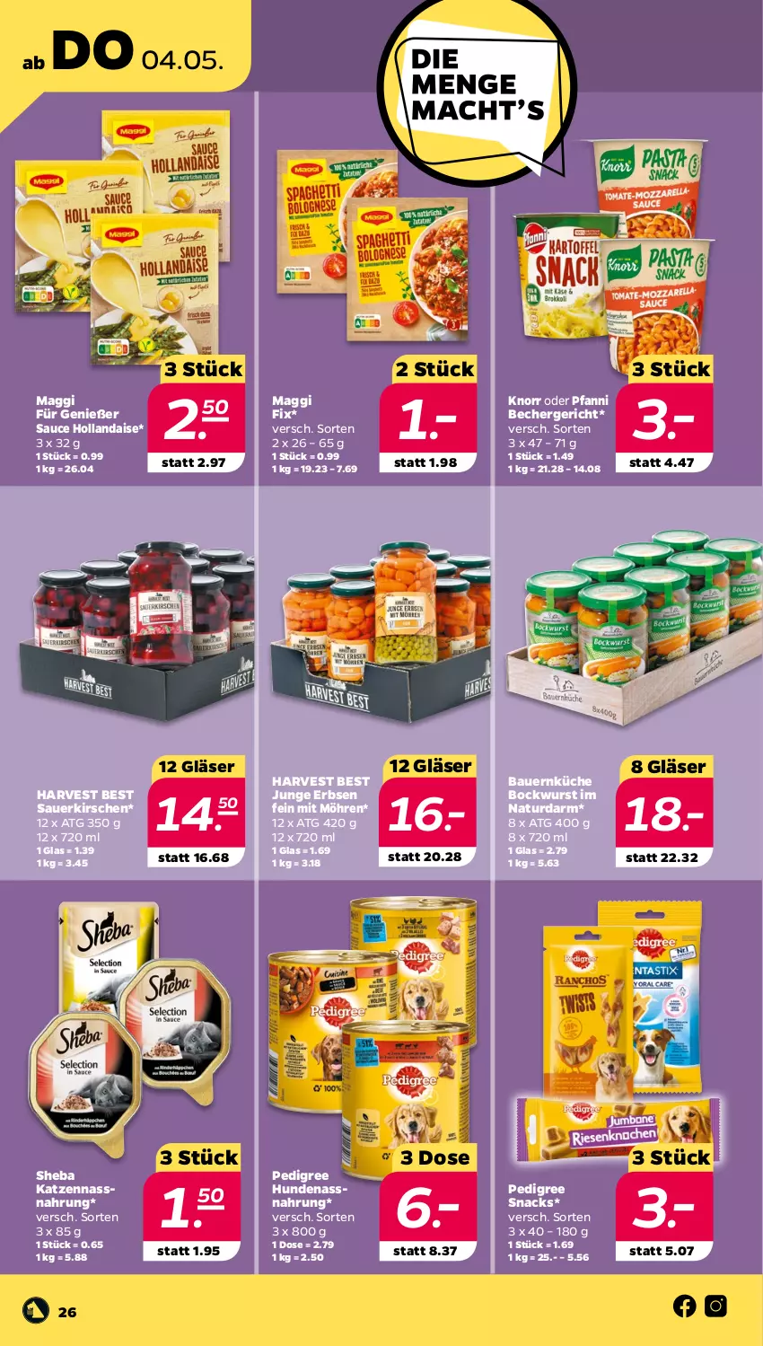 Aktueller Prospekt Netto - Woche 18 - von 02.05 bis 06.05.2023 - strona 26 - produkty: auer, Bau, Bauer, Becher, bockwurst, erbsen, Gläser, hollandaise, junge erbsen, kirsch, kirsche, kirschen, knorr, küche, maggi, maggi fix, möhren, Nassnahrung, natur, pedigree, pfanni, sauce, sauce hollandaise, sauerkirschen, sheba, snack, snacks, wurst