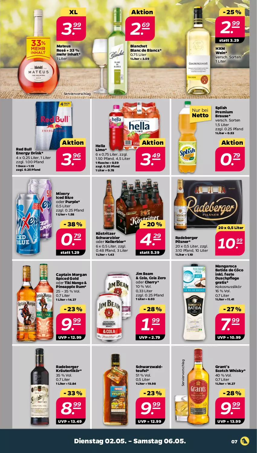 Aktueller Prospekt Netto - Woche 18 - von 02.05 bis 06.05.2023 - strona 7 - produkty: Apple, batida, batida de côco, Berger, bier, brause, Cap, captain morgan, cola, de blancs, drink, elle, energy drink, flasche, hella, HP, jim beam, kellerbier, kokos, kokosnuss, köstritzer, kräuter, kräuterlikör, likör, limo, mangaroca, mango, mateus, Mixer, mixery, nuss, pils, pilsner, radeberger, radeberger pilsner, red bull, rum, scotch, scotch whisky, Ti, wein, whisky