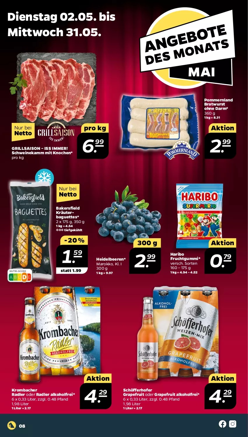 Aktueller Prospekt Netto - Woche 18 - von 02.05 bis 06.05.2023 - strona 8 - produkty: alkohol, baguette, baguettes, beere, beeren, bratwurst, frucht, fruchtgummi, grapefruit, grill, haribo, heidelbeere, heidelbeeren, kräuter, krombache, krombacher, oder radler, radler, schöfferhofer, schwein, schweine, Ti, wein, weine, wurst