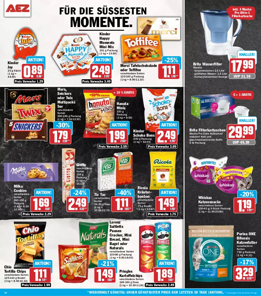 Aktueller Prospekt Aez - Prospekte - von 18.11 bis 23.11.2024 - strona 14 - produkty: Bagel, beutel, brezel, brita, chips, cola, cookie, cookies, cracker, eis, ente, filterkartuschen, giotto, hanuta, kartoffel, kartoffelchips, katzenfutter, katzensnack, katzensnacks, Kinder, kräuter, lorenz, mac, mars, Maxtra, merci, milka, natur, natura, oder twix, pringles, purina, reis, rel, Ricola, ring, saltletts, schoko, schokolade, snack, snacks, snickers, tafelschokolade, Ti, toffifee, tortilla, Tortilla Chips, twix, wasser, wasserfilter, wasserfilter marella, whiskas, ZTE