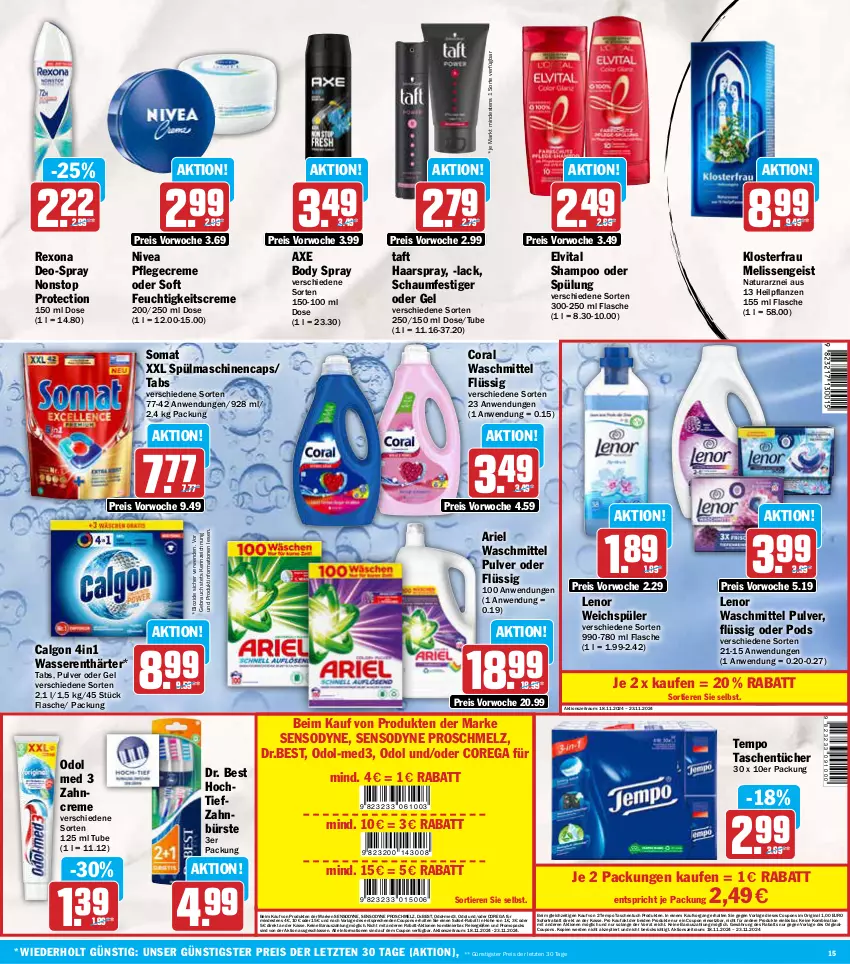 Aktueller Prospekt Aez - Prospekte - von 18.11 bis 23.11.2024 - strona 15 - produkty: ariel, ariel waschmittel, axe, bio, body, bürste, calgon, Cap, Coral, coupon, coupons, creme, deo, Dr. Best, eis, elvital, erde, feuchtigkeitscreme, flasche, gin, haarspray, lack, lenor, lenor waschmittel, lenor weichspüler, LG, natur, natura, nivea, Odol, odol med, pflanze, pflanzen, Pflegecreme, Pods, Rauch, reis, rexona, rwe, schaumfestiger, sensodyne, shampoo, shampoo oder spülung, sofort-rabatt, sofortrabatt, somat, spülmaschinen, spülung, Taft, Tasche, taschen, taschentücher, Tempo, Ti, Tiere, tuc, tücher, vita, waschmittel, wasser, wasserenthärter, weichspüler, zahnbürste, zahncreme, ZTE