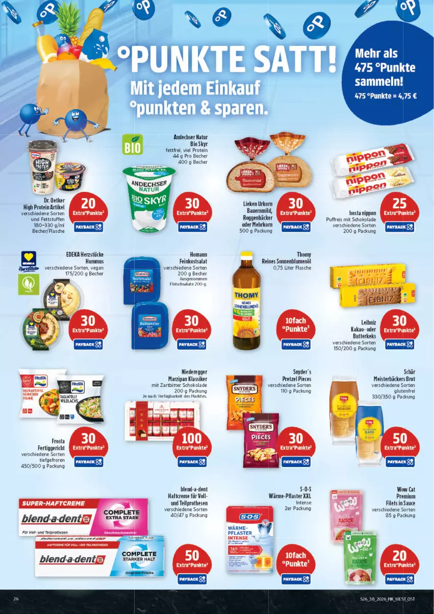Aktueller Prospekt Marktkauf - Prospekt - von 13.09 bis 19.09.2026 - strona 26 - produkty: andechser natur, Becher, bio, blume, blumen, blumenöl, brot, butter, butterkeks, creme, deka, Dr. Oetker, Egger, eis, ente, feinkost, filet, filets, flasche, fleisch, fleischsalat, frosta, Haftcreme, homann, hummus, kartoffel, keks, korn, leibniz, marzipan, Meister, natur, nippon, pflaster, Pretzel, reis, salat, salate, sauce, schoko, schokolade, Skyr, sonnenblume, sonnenblumen, sonnenblumenöl, thomy, Ti