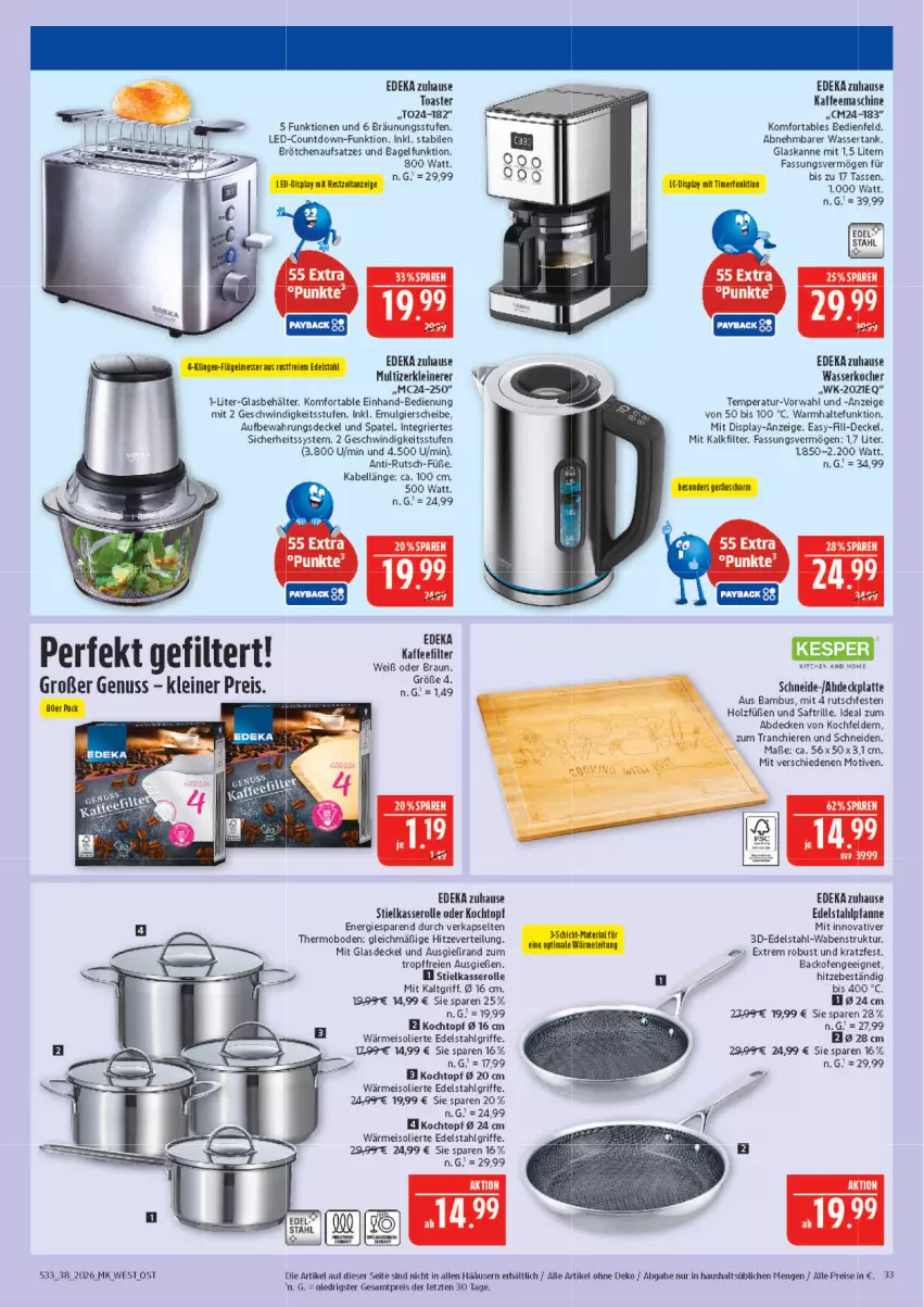 Aktueller Prospekt Marktkauf - Prospekt - von 13.09 bis 19.09.2026 - strona 33 - produkty: backofen, Bagel, bambus, Behälter, brötchen, brötchenaufsatz, decke, Deckel, deka, edelstahl, eis, Glasdeckel, Holz, kaffee, kaffeemaschine, Kocher, kochfeld, Kochtopf, latte, leine, LG, nuss, Ofen, pfanne, reis, Ria, saft, stielkasserolle, tasse, Ti, toast, toaster, topf, wasser, wasserkocher, wassertank, Zerkleinerer, ZTE