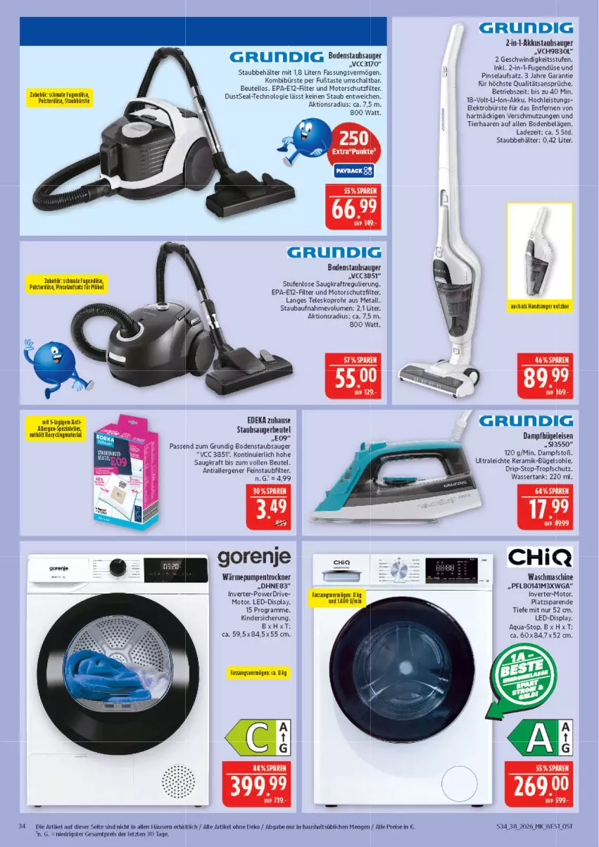 Aktueller Prospekt Marktkauf - Prospekt - von 13.09 bis 19.09.2026 - strona 34 - produkty: akku, aqua, Bau, Behälter, beutel, bodenstaubsauger, bügel, Bügeleisen, bürste, dampfbügeleisen, deka, eis, Elektro, gorenje, grundig, Kinder, kraft, Pinsel, reis, Schal, staubsauger, staubsaugerbeutel, Teleskop, Ti, Trockner, wärmepumpentrockner, waschmaschine, wasser, wassertank, ZTE