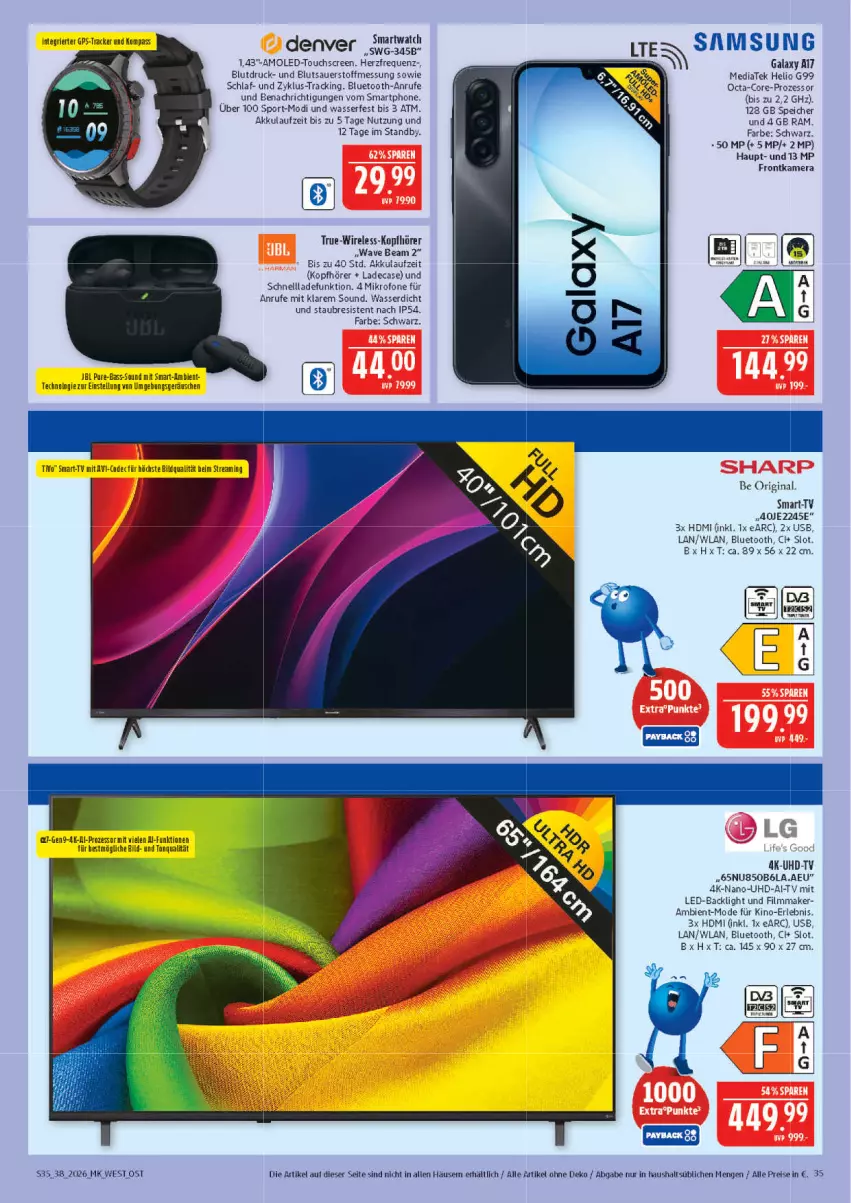 Aktueller Prospekt Marktkauf - Prospekt - von 13.09 bis 19.09.2026 - strona 35 - produkty: akku, auer, eis, frontkamera, gin, GPS, HDMI, jbl, kamera, kopfhörer, Mode, reis, rel, Samsung, samsung galaxy, Samsung Galaxy A, schnellladefunktion, smartphone, smartwatch, Sport, Ti, touchscreen, uhd, UHD-TV, usb, wasser