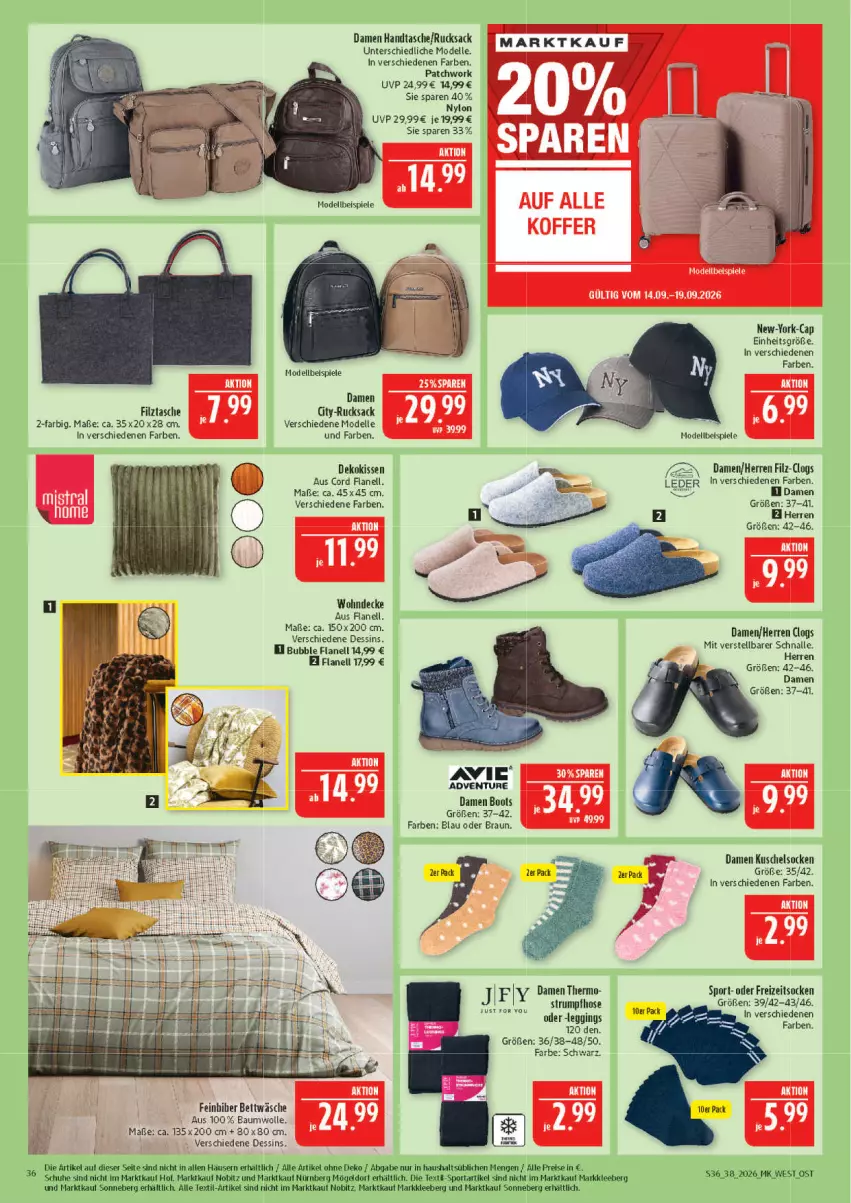 Aktueller Prospekt Marktkauf - Prospekt - von 13.09 bis 19.09.2026 - strona 36 - produkty: Bau, baumwolle, bett, bettwäsche, braun, Cap, Clogs, decke, dekokissen, dell, eis, elle, Freizeitsocken, gin, Handtasche, hose, kissen, Kuschelsocken, Mode, reis, rucksack, rum, sac, schuhe, socken, Spiele, Sport, Strumpfhose, Tasche, Ti, wolle, Yo