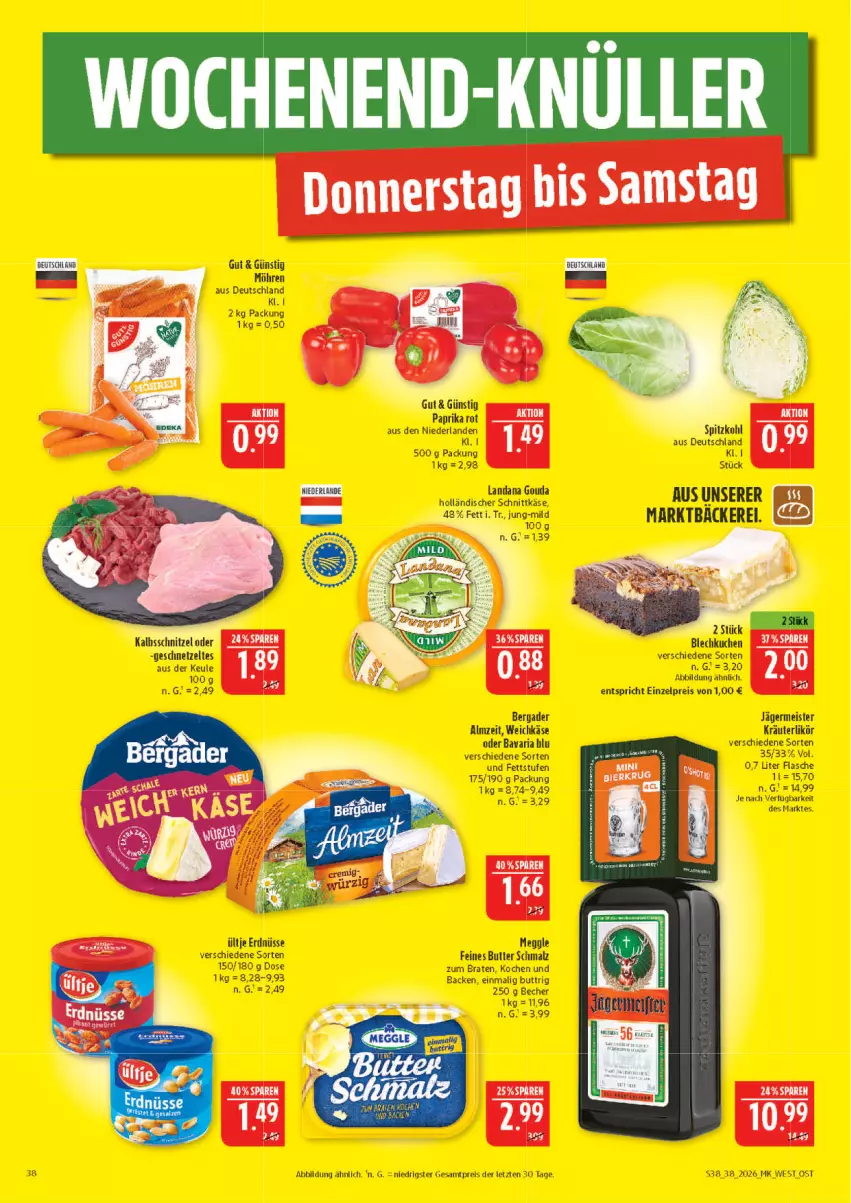 Aktueller Prospekt Marktkauf - Prospekt - von 13.09 bis 19.09.2026 - strona 38 - produkty: bavaria blu, Becher, bergader, braten, butter, eier, eis, erdnüsse, flasche, Germ, jägermeister, Käse, kräuter, kräuterlikör, kuchen, likör, malz, meggle, Meister, möhren, paprika, paprika rot, reis, Ria, Schmalz, Ti, ültje, ültje erdnüsse, weichkäse, Zelt, ZTE
