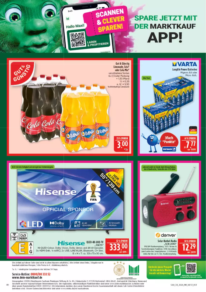 Aktueller Prospekt Marktkauf - Prospekt - von 13.09 bis 19.09.2026 - strona 40 - produkty: akku, Astra, batterie, batterien, cola, deka, eis, ente, HDMI, hisense, Lampe, limo, limonade, longlife, qled, Radio, reis, ring, sac, smartphone, smartphones, Tasche, taschen, taschenlampe, Ti, usb, varta, ZTE