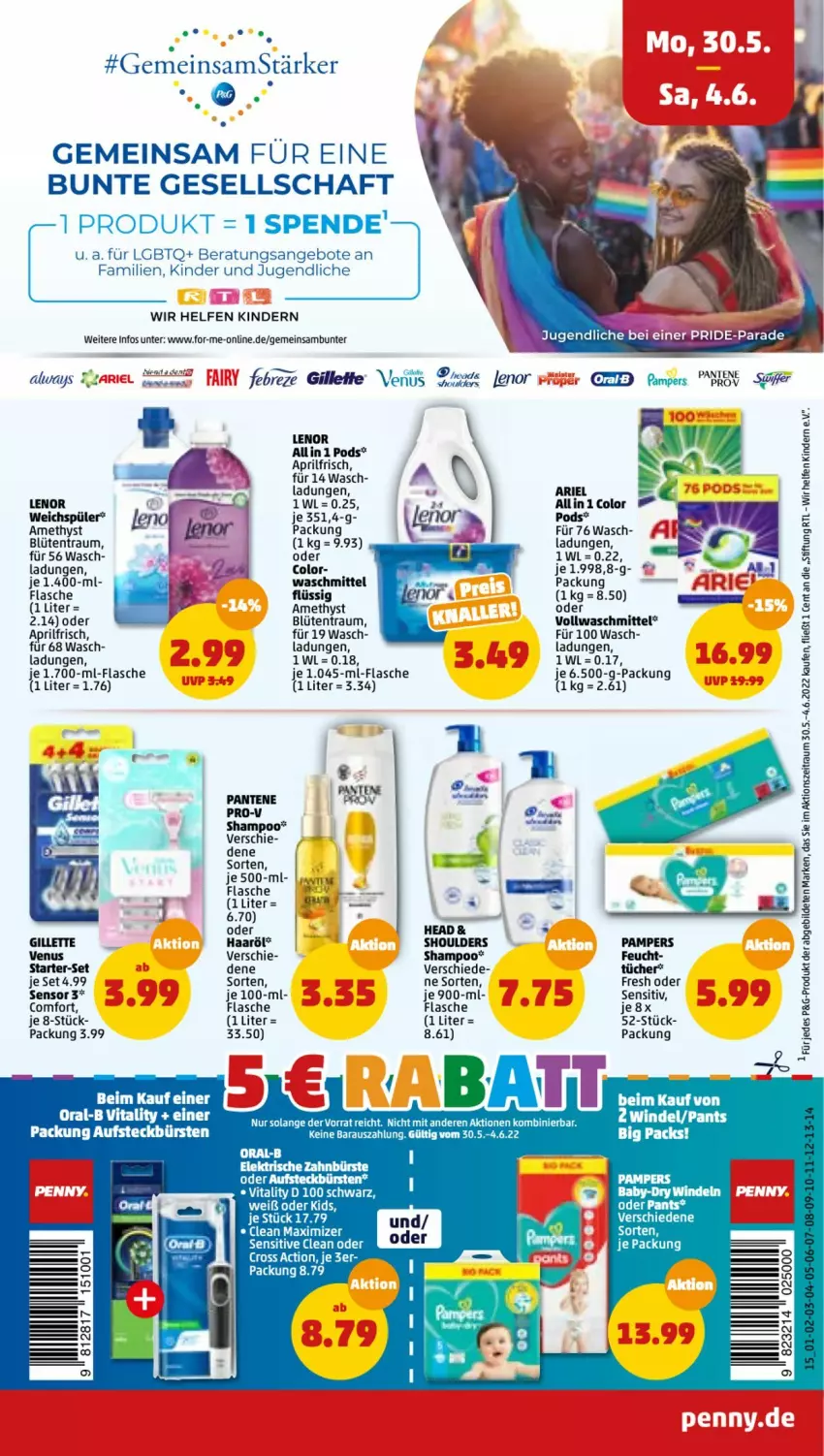 Aktueller Prospekt Penny - Prospekte - von 30.05 bis 04.06.2022 - strona 17 - produkty: Alwa, Always, angebot, angebote, ariel, aufsteckbürsten, Blüte, bürste, bürsten, cross action, elektrische zahnbürste, febreze, flasche, gillette, Kinder, lenor, LG, oral-b, pampers, pantene, Pants, Pods, pril, pro-v, shampoo, Ti, tücher, venus, vita, vitality, vollwaschmittel, waschmittel, weichspüler, zahnbürste