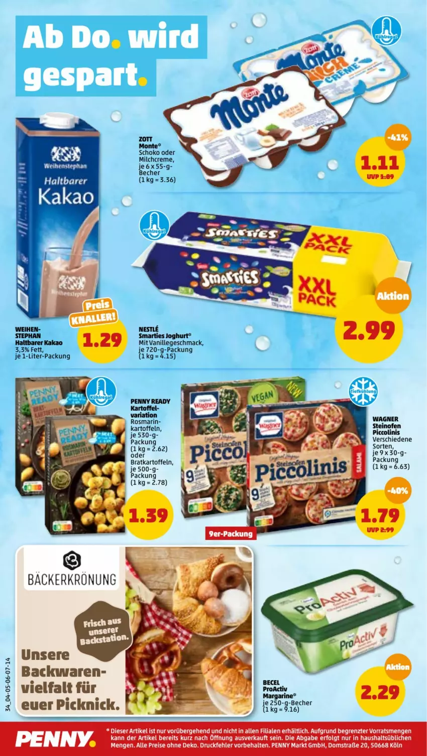 Aktueller Prospekt Penny - Prospekte - von 30.05 bis 04.06.2022 - strona 36 - produkty: becel, Becher, creme, eis, joghur, joghurt, kakao, kartoffel, kartoffeln, LG, mac, milch, monte, Ofen, reis, schoko, smarties, steinofen, tee, Ti, vanille, wagner, zott, Zott Monte, ZTE