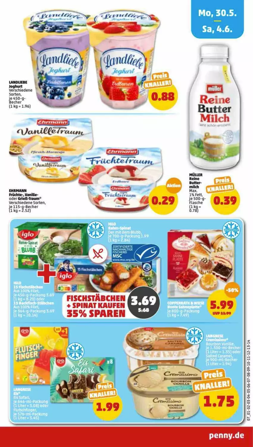 Aktueller Prospekt Penny - Prospekte - von 30.05 bis 04.06.2022 - strona 7 - produkty: Becher, ehrmann, fisch, fische, Fischer, fischstäbchen, früchte, joghur, joghurt, landliebe, landliebe joghurt, Schere, spinat, Ti, vanille