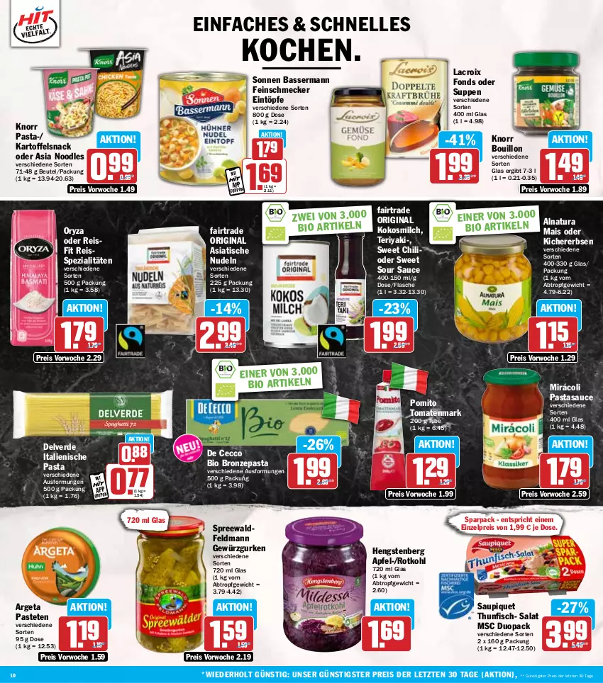 Aktueller Prospekt Hit - Wochenprospekt - von 17.03 bis 22.03.2025 - strona 10 - produkty: apfel, beutel, bio, chili, De Cecco, ecco, eintöpfe, eis, elle, erbsen, erde, feinschmecker, fisch, flasche, gewürz, Gewürzgurke, gewürzgurken, gin, gurke, gurken, hengstenberg, italienische pasta, kartoffel, kichererbsen, knorr, knorr pasta, kokos, kokosmilch, mais, milch, Mirácoli, natur, natura, nudel, nudeln, oryza, pasta, pastete, pomito, reis, reiss, rotkohl, salat, sauce, saupiquet, snack, Spezi, suppe, suppen, thunfisch, Ti, tisch, tomate, tomaten, tomatenmark, ZTE