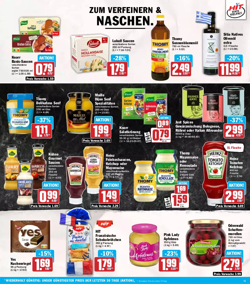 Aktueller Prospekt Hit - Wochenprospekt - von 17.03 bis 22.03.2025 - strona 11 - produkty: apfel, apfelmus, beutel, blume, blumen, blumenöl, bolognese, brötchen, delikatess senf, Dijon Senf, eis, elle, feinkost, flasche, gewürz, Gewürzmischung, heinz, ketchup, knorr, kuchen, Kühne, lukull, maille, mayonnaise, morellen, natives olivenöl, odenwald, olive, oliven, olivenöl, olivenöl extra, Pink Lady, reis, rel, remoulade, riegel, salat, salatkrönung, sauce, saucen, schattenmorellen, schoko, Schokobrötchen, senf, sonnenblume, sonnenblumen, sonnenblumenöl, Spezi, thomy, Ti, tomate, tomaten, tomaten ketchup, Yo, ZTE