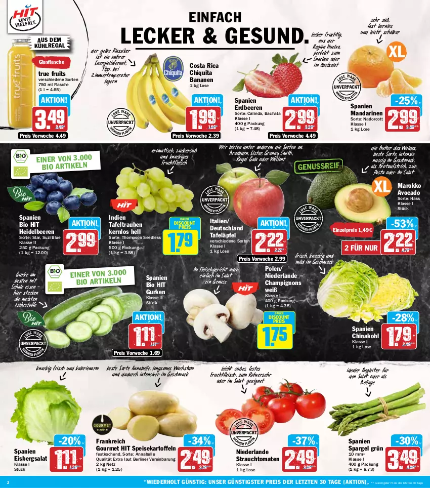 Aktueller Prospekt Hit - Wochenprospekt - von 17.03 bis 22.03.2025 - strona 2 - produkty: auer, aufstrich, aus dem kühlregal, avocado, banane, bananen, beere, beeren, berliner, bio, bio hit, brot, brotaufstrich, butter, champignon, champignons, chiquita, discount, eis, eisbergsalat, elle, erdbeere, erdbeeren, flasche, fleisch, frucht, fruchtfleisch, glasflasche, gurke, gurken, heidelbeere, heidelbeeren, ilag, kartoffel, kartoffeln, kühlregal, mac, mandarine, mandarinen, nuss, obst, pasta, Rauch, regal, reis, salat, Schal, Schale, snack, spargel, spargel grün, speisekartoffeln, strauchtomaten, tafeläpfel, tafeltrauben, Ti, tisch, tomate, tomaten, trauben, true fruits, Wella, ZTE, zucker