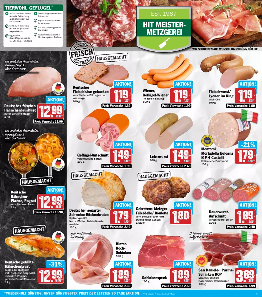 Aktueller Prospekt Hit - Wochenprospekt - von 17.03 bis 22.03.2025 - strona 5 - produkty: auer, aufschnitt, Bau, Bauer, bio, braten, Brühwurst, brustfilet, chili, dell, eis, elle, ente, filet, fleisch, fleischkäse, fleischwurst, frischkäse, geback, Geflügel, gin, hähnchenbrust, hähnchenbrustfilet, hinterkochschinken, im zarten saitling, Käse, kochschinken, Kraut, krautsalat, leberwurst, lyoner, Meister, monitor, montorsi, mortadella, natur, nuss, paprika, parmaschinken, pfanne, pfeffer, Ragout, reis, Ria, rind, ring, rohschinken, Rückenbraten, salat, schinken, schinkenspeck, schwein, schweine, Speck, spitzenqualität, Ti, Tiere, wein, weine, wiener, wurst, Yo, ZTE, zwiebel