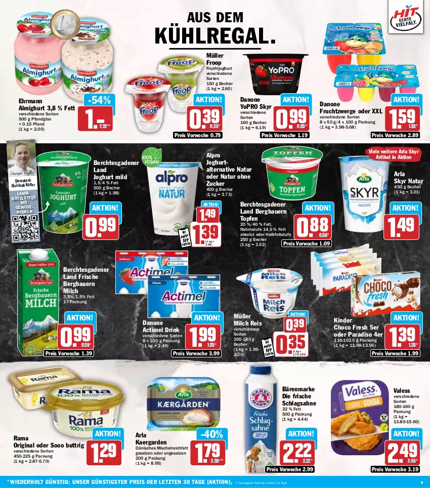 Aktueller Prospekt Hit - Wochenprospekt - von 17.03 bis 22.03.2025 - strona 9 - produkty: actimel, actimel drink, almighur, almighurt, alpro, arla, arla skyr, auer, aus dem kühlregal, bärenmarke, Bau, Bauer, Becher, choco fresh, danone, danone actimel drink, danone fruchtzwerge, drink, ehrmann, ehrmann almighurt, eis, froop, frucht, fruchtjoghurt, fruchtzwerge, gin, joghur, joghurt, joghurt mild, Kinder, Kinder Choco fresh, kotelett, kühlregal, lamm, lammkotelett, milch, mit gemüse, Müller, müller froop, natur, nudel, nudeln, rama, regal, reis, sahne, salz, schlagsahne, Skyr, Ti, topf, Topfen, Yo, ZTE, zucker