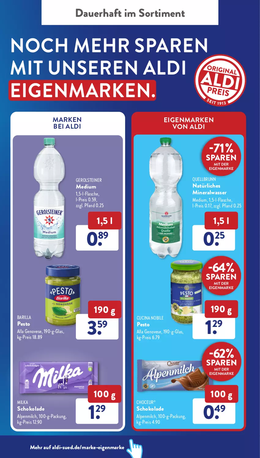 Aktueller Prospekt AldiSud - NÄCHSTE WOCHE - von 08.08 bis 13.08.2022 - strona 10 - produkty: aldi, alpenmilch, Alwa, auer, barilla, cin, eis, flasche, genovese, gerolsteine, gerolsteiner, milch, milka, milka schokolade, mineralwasser, Mineralwasser Medium, natürliches mineralwasser, pesto, Quellbrunn, reis, schoko, schokolade, steiner, Ti, wasser