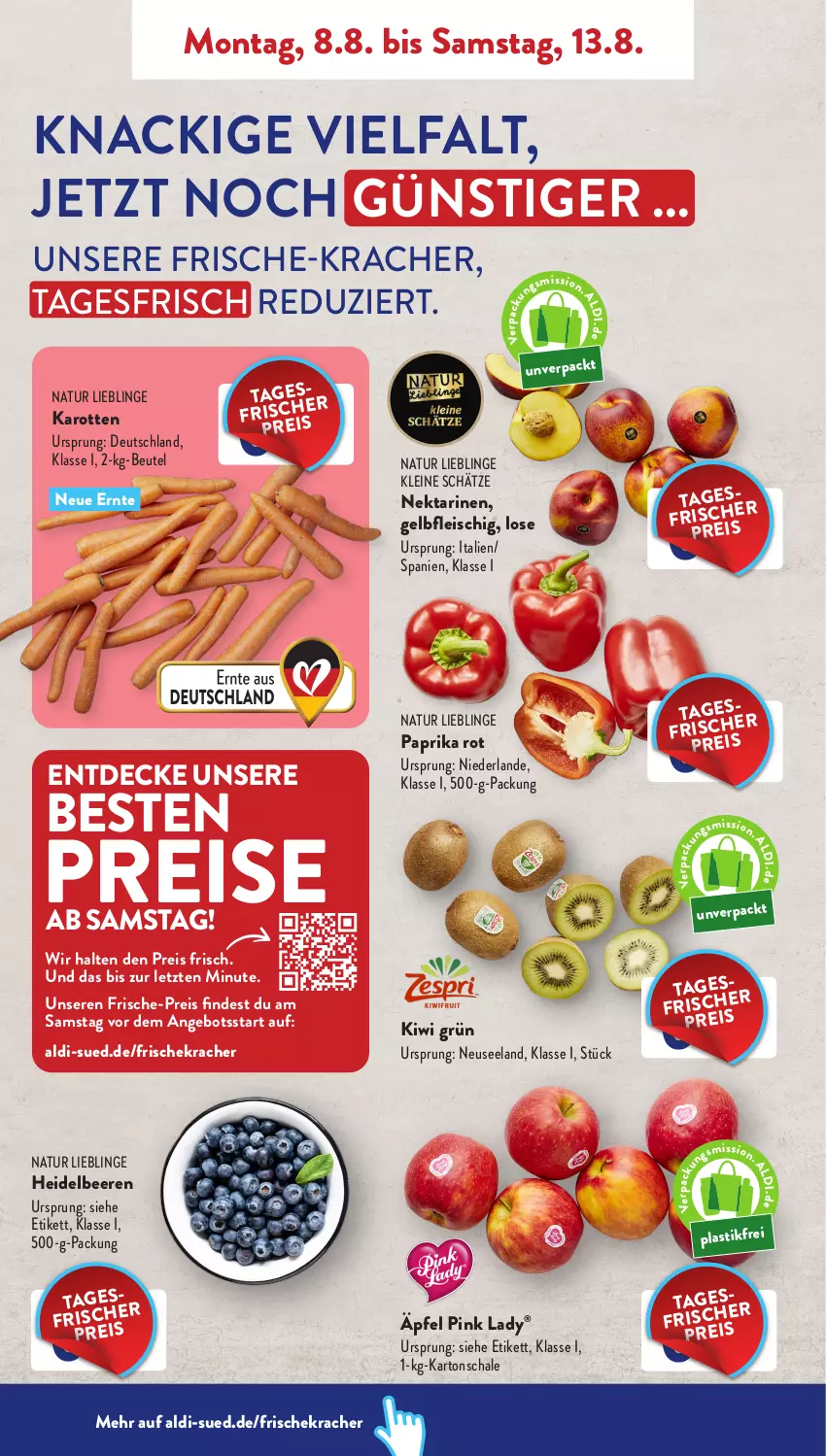 Aktueller Prospekt AldiSud - NÄCHSTE WOCHE - von 08.08 bis 13.08.2022 - strona 2 - produkty: aldi, angebot, asti, beere, beeren, beutel, decke, eis, Elan, fleisch, heidelbeere, heidelbeeren, karotten, kiwi, kracher, leine, natur, Nektar, nektarinen, paprika, paprika rot, Pink Lady, reis, Schal, Schale, Ti, ZTE