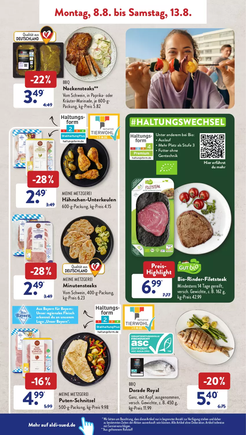 Aktueller Prospekt AldiSud - NÄCHSTE WOCHE - von 08.08 bis 13.08.2022 - strona 4 - produkty: aldi, alle artikel ohne dekoration, bio, dekoration, Dorade, dorade royal, eis, ente, filet, filets, fleisch, gsw, Hähnchen-Unterkeulen, kräuter, marinade, minutensteaks, Nackensteak, nackensteaks, oder kräuter, paprika, pute, reis, rind, rinder, schnitzel, schwein, steak, steaks, Ti, wein, ZTE